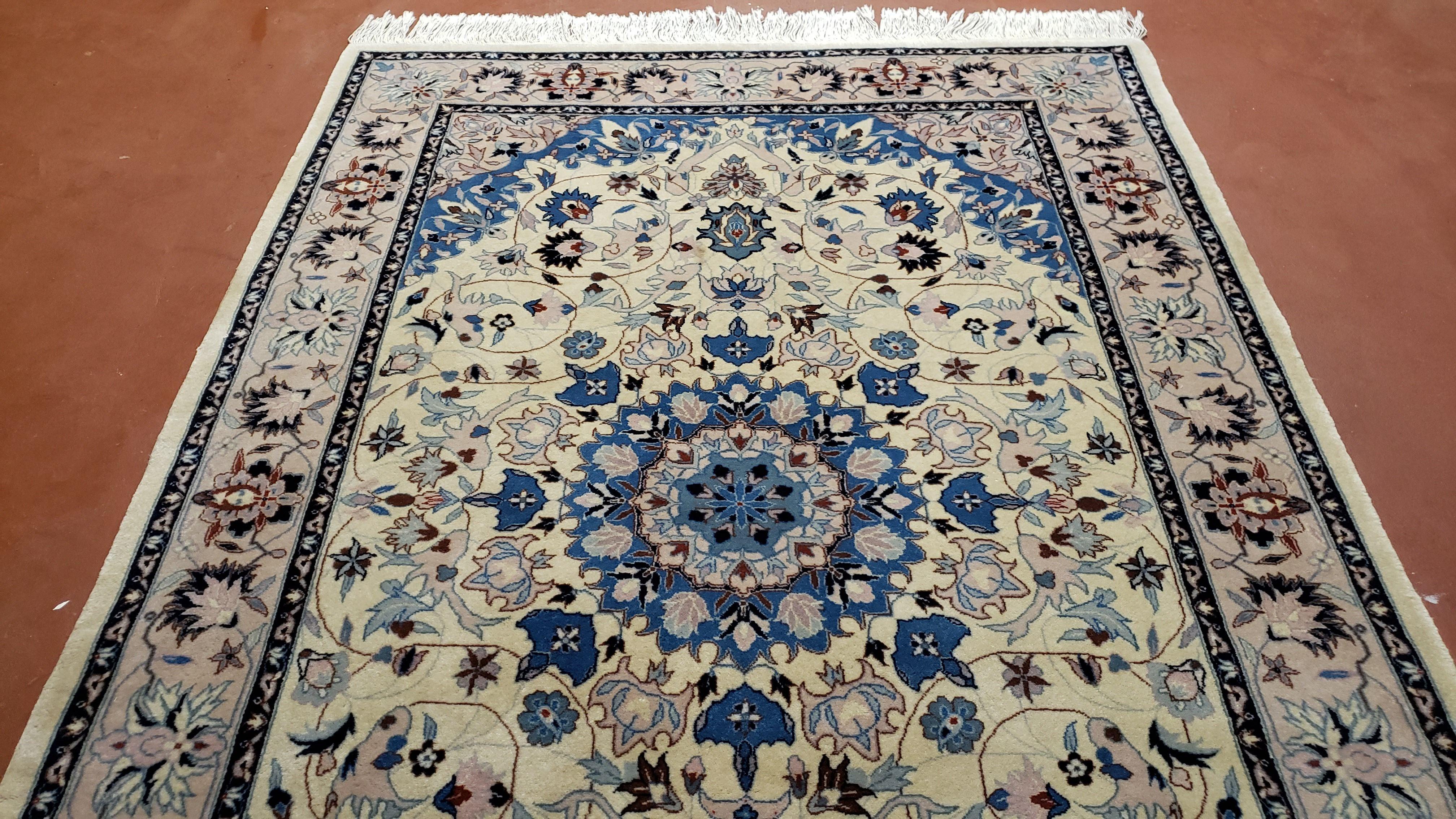 Sino Persian Rug 4x6, Ivory and Blue, Vintage Handmade Wool Oriental Carpet - Jewel Rugs