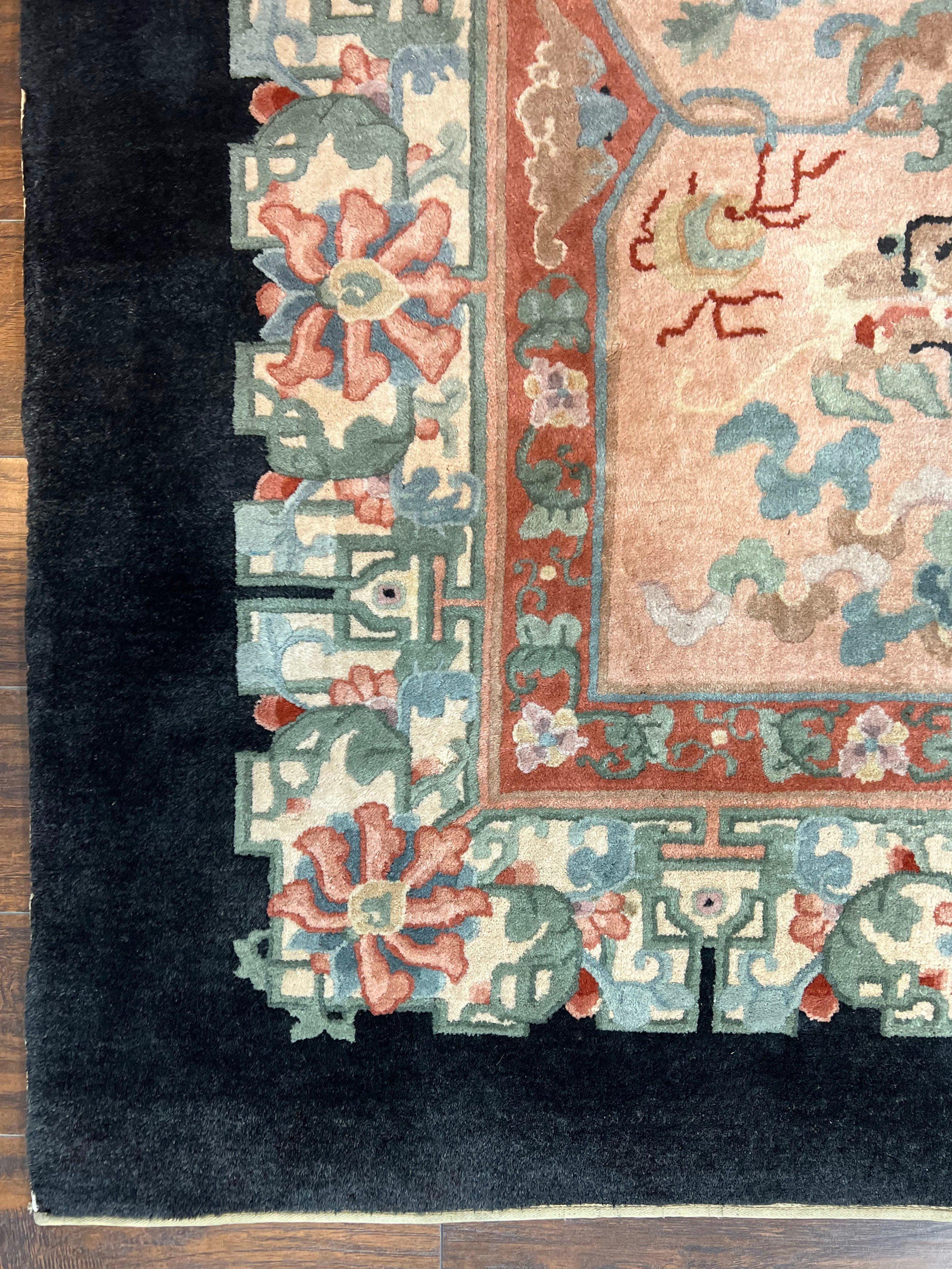 Antique Chinese Wool Rug 9x12, Chinese Peking Fete Carpet 9 x 12 ft, Pink Black Cream Light Blue, Handmade Hand Knotted Asian Art Deco Rug - Jewel Rugs