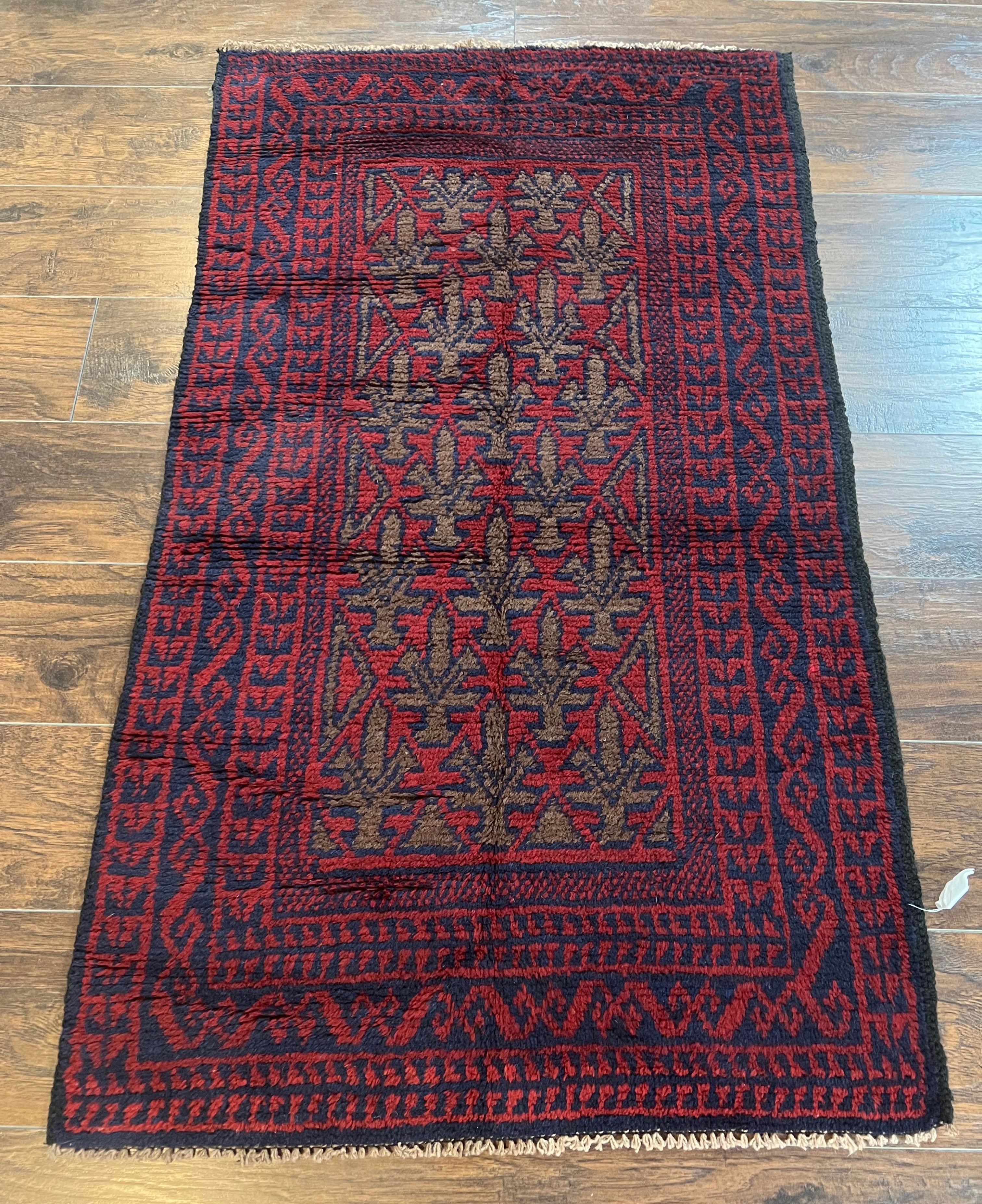 Vintage Balouchi Rug 3x5 Tribal Wool Carpet Red Blue Hand Knotted Afghan Rug - Jewel Rugs