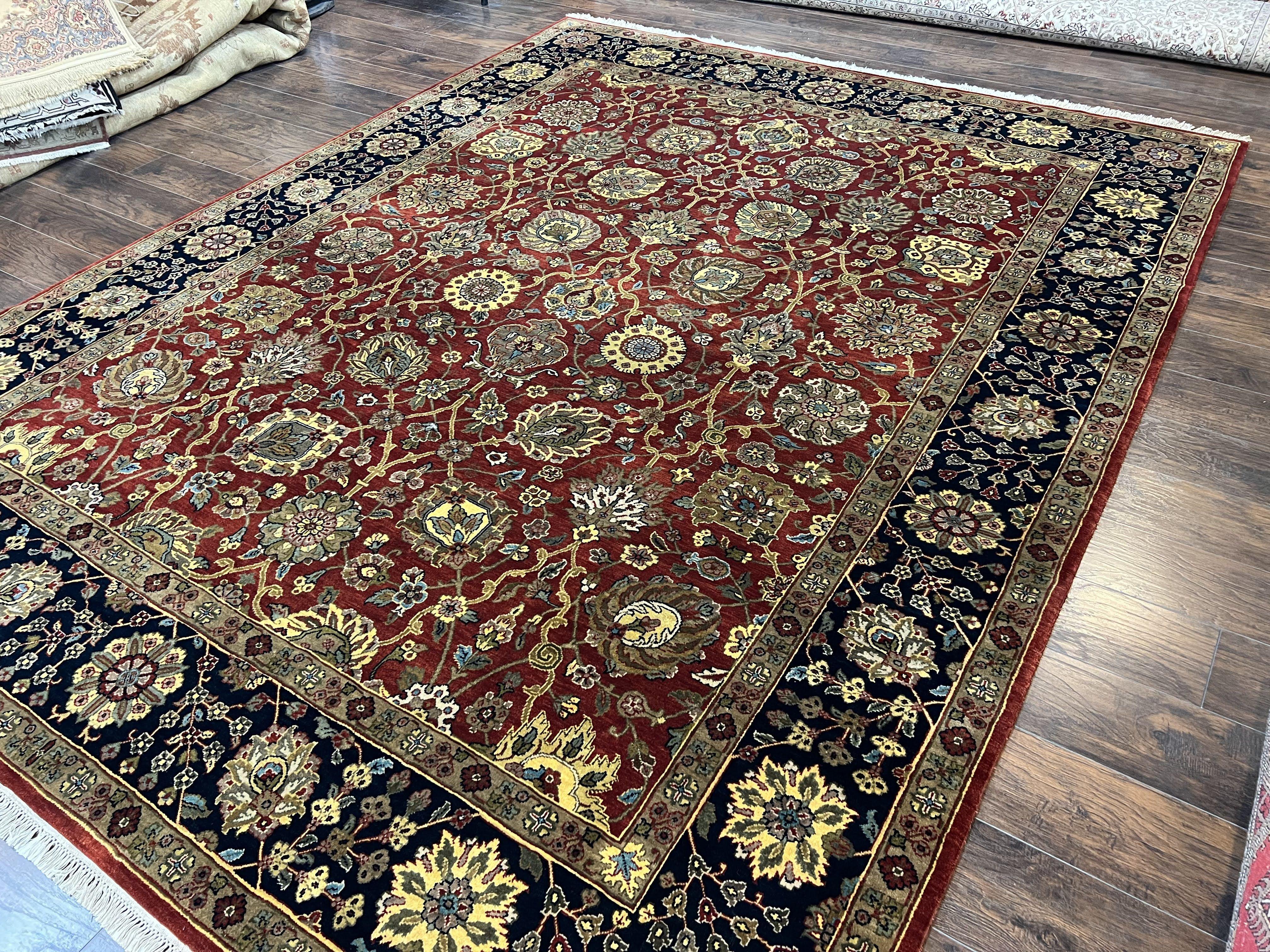 Indo Persian Rug 9x12, Hand Knotted Traditional Indian Wool Oriental Carpet 9 x 12 ft, Maroon and Navy Blue, Floral Allover 9x12 Vintage Rug - Jewel Rugs