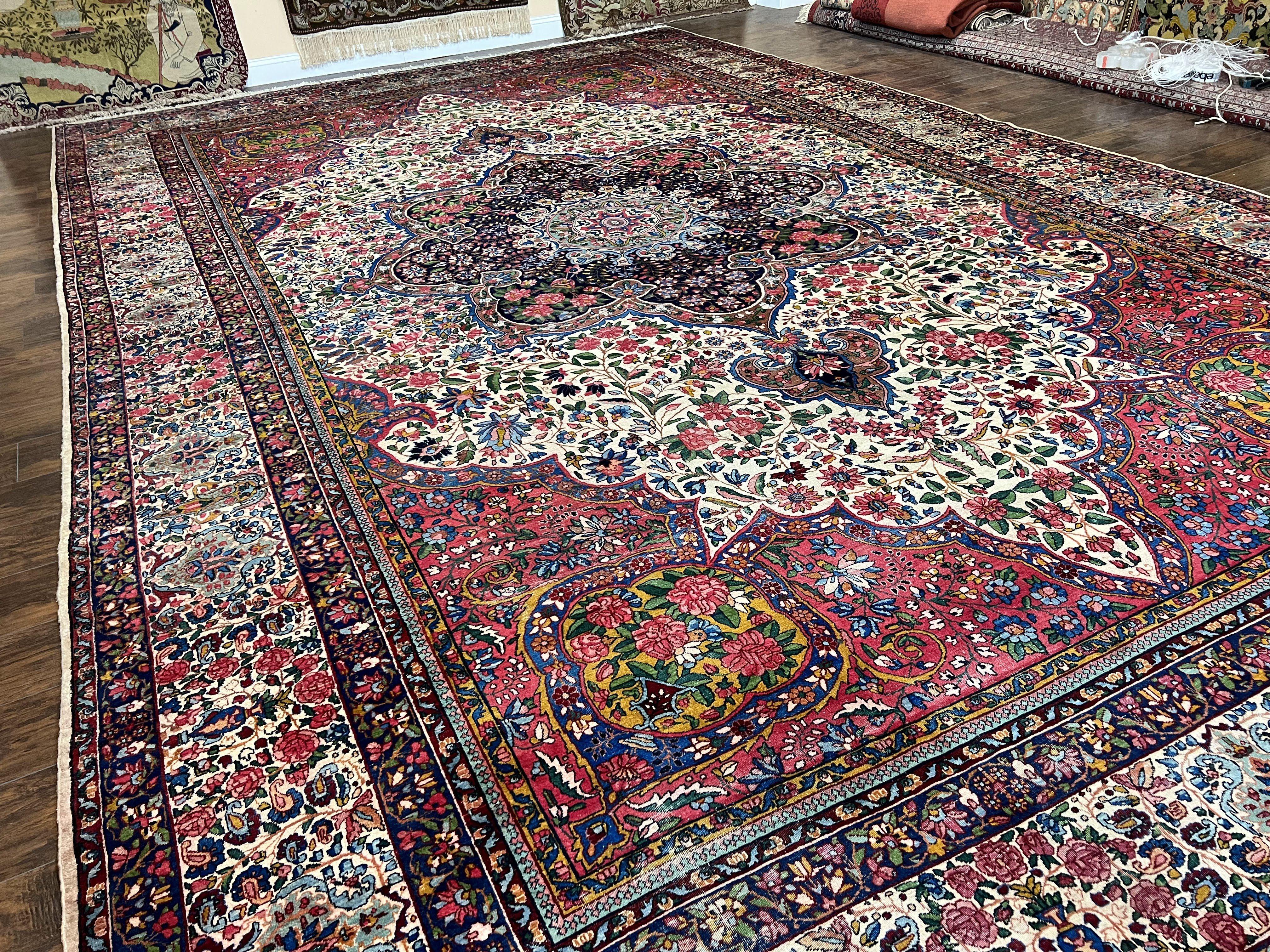 Spectacular Antique Persian Rug 12x19, Oversized Carpet 12 x 19, Palace Sized Hand Knotted Wool Rug, Floral Medallion, Kirman Lavar, Ivory Red - Jewel Rugs