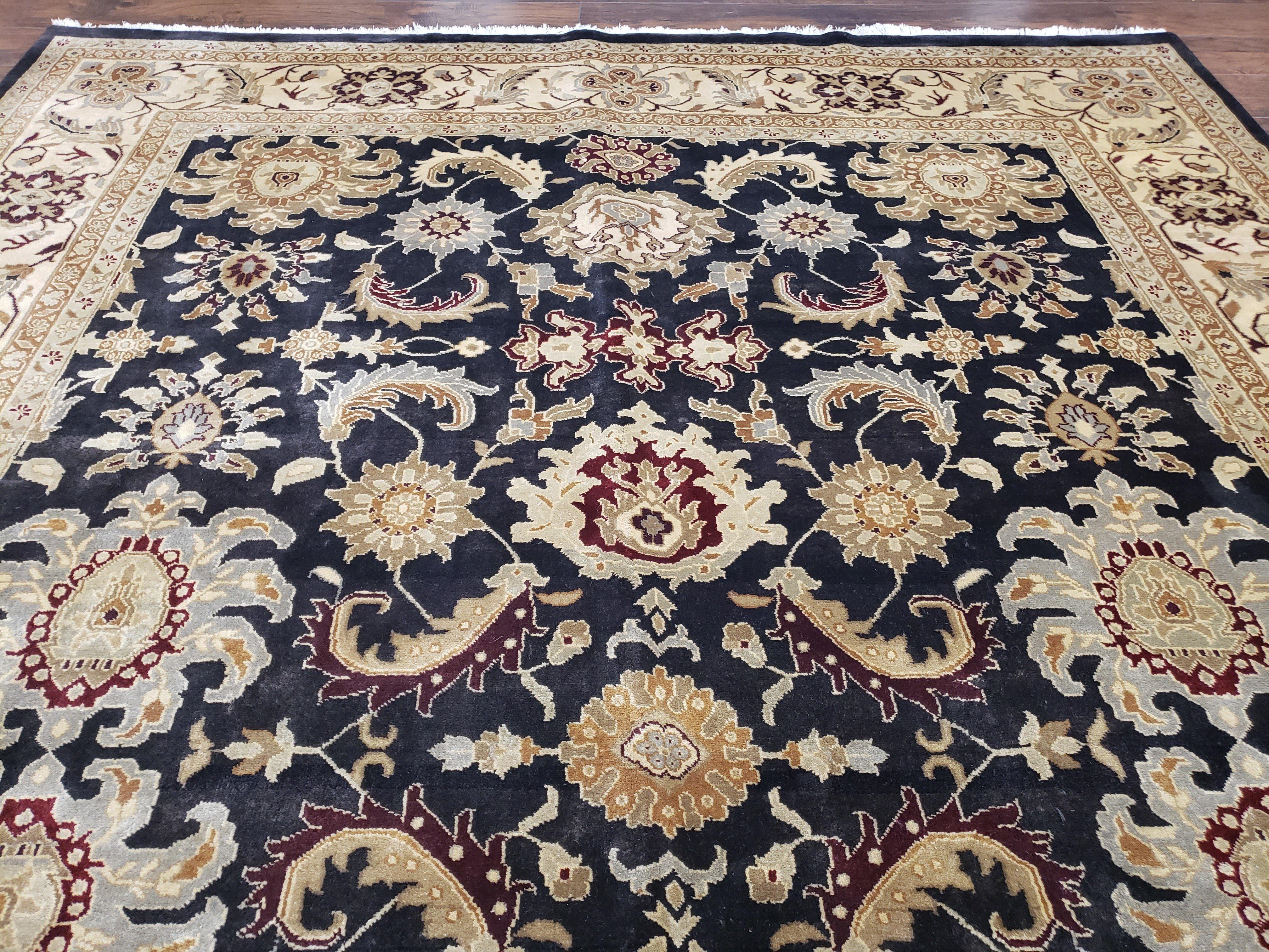 Indo Mahal Rug 8x12, Indian Sultanabad Handmade Area Rug, Vintage Hand-Knotted Wool Black Floral Traditional Oriental Dinning Room Rug - Jewel Rugs