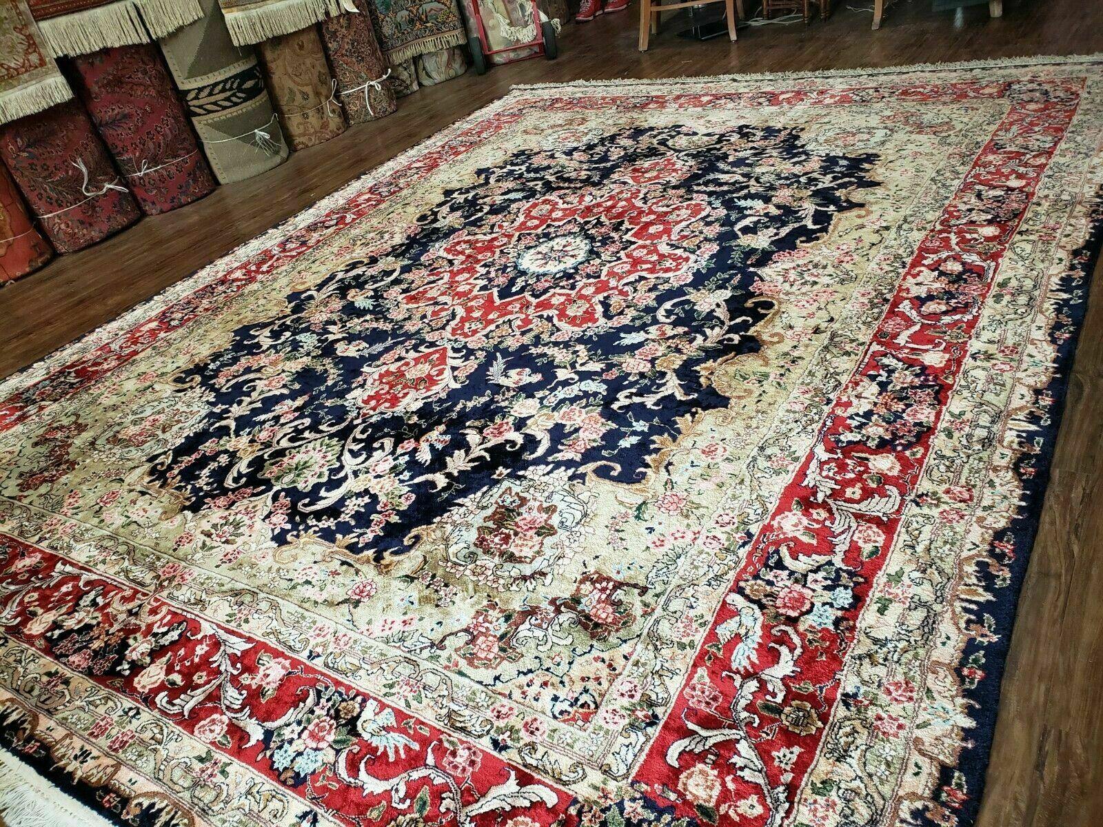 Indian Silk Kashmiri Rug 9x12, Room Sized Silk Carpet, Handmade Hand Knotted Oriental Rug 9 x 12, Navy Blue Red Tan Floral Medallion Birds - Jewel Rugs