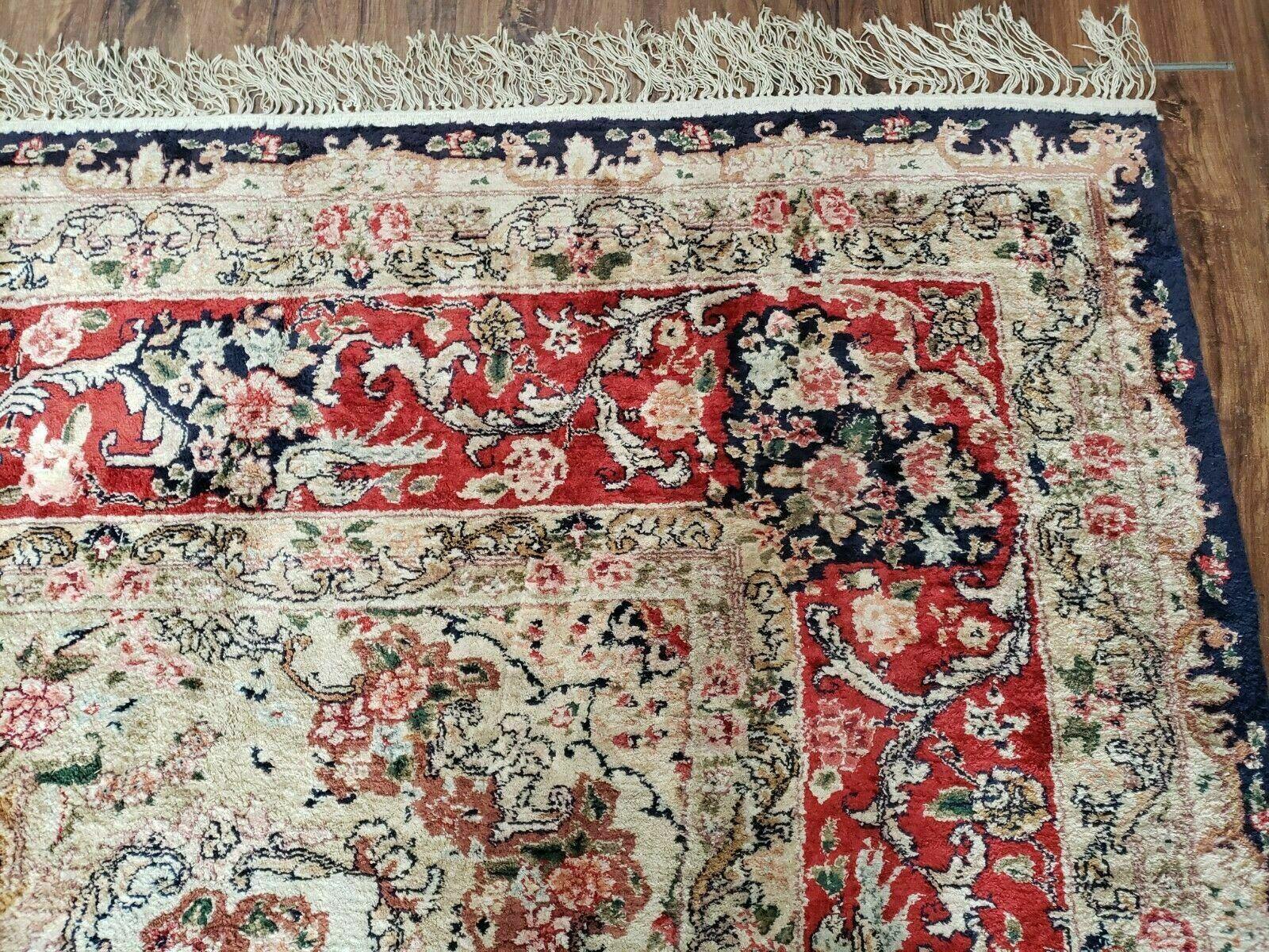 Indian Silk Kashmiri Rug 9x12, Room Sized Silk Carpet, Handmade Hand Knotted Oriental Rug 9 x 12, Navy Blue Red Tan Floral Medallion Birds - Jewel Rugs
