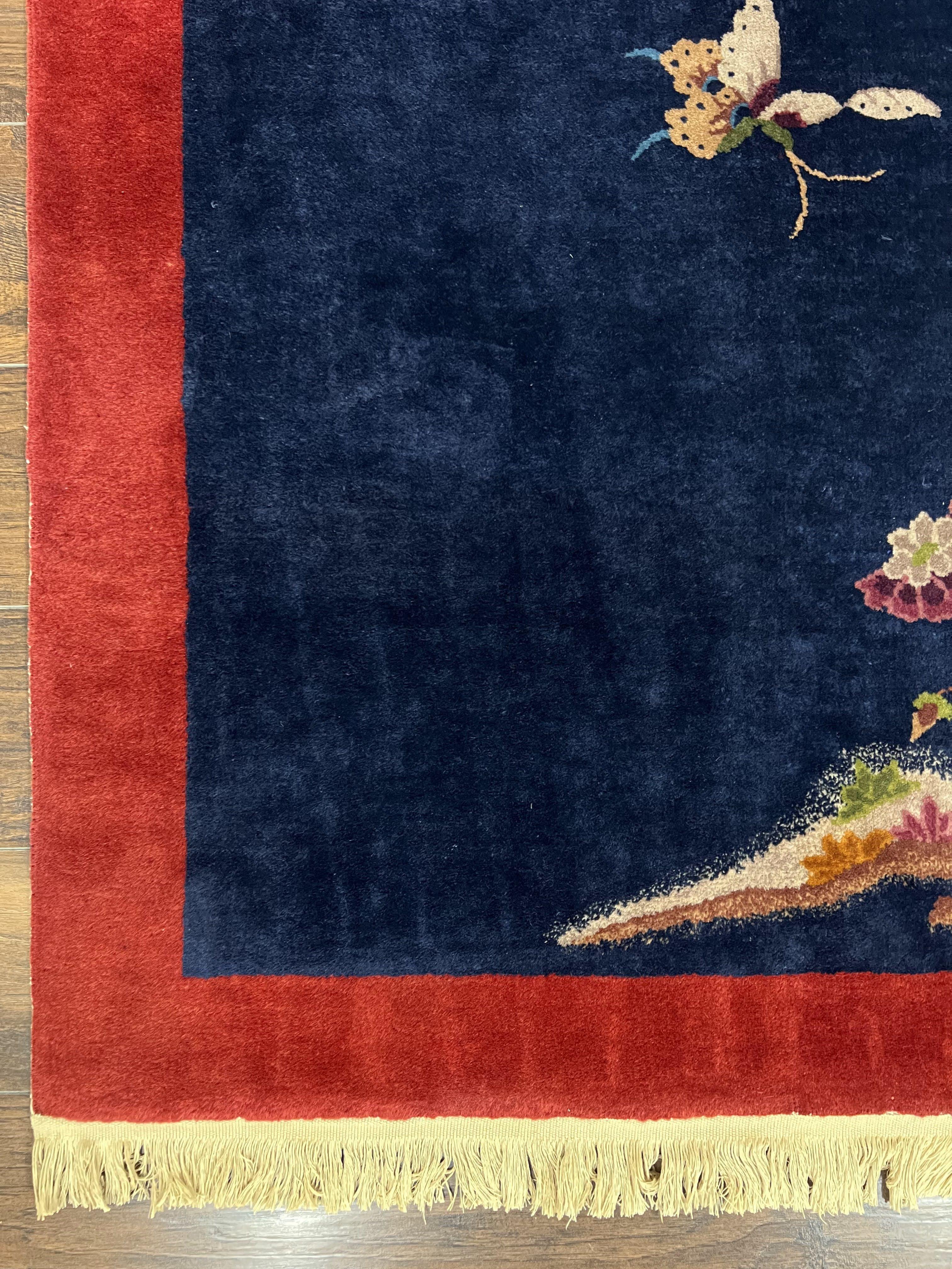 Chinese Art Deco Rug 8x10, Nichols Rug, Navy Blue and Red, Handmade Wool Carpet 8 x 10, Semi Antique Vintage Asian Oriental Rug, Butterflies - Jewel Rugs