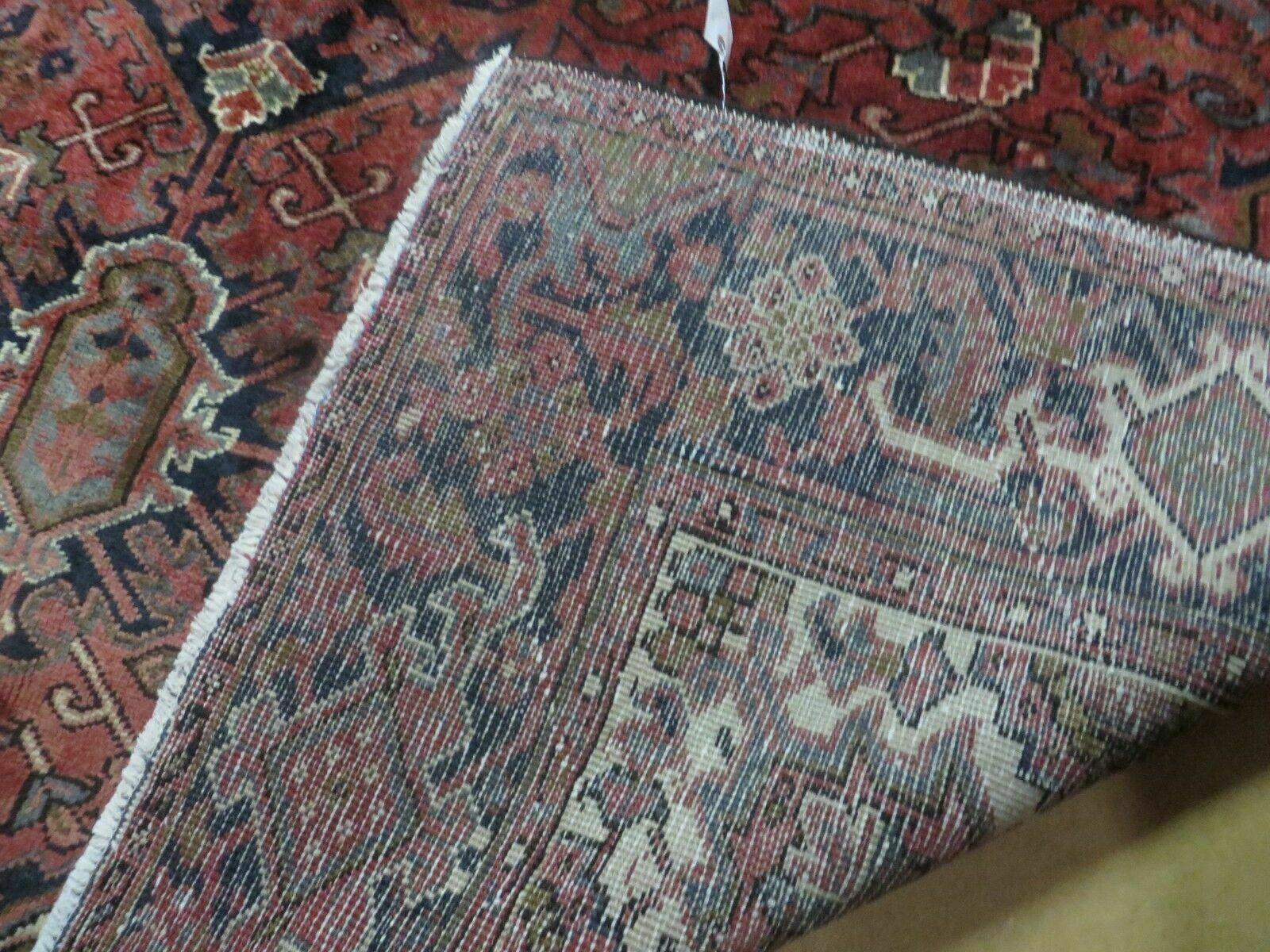 Persian Rug 8x11 Room Sized Heriz Carpet, Hand Knotted Wool Rug, Vintage Semi Antique, Geometric Medallion, Wine Red Cream Dark Blue, Wow - Jewel Rugs