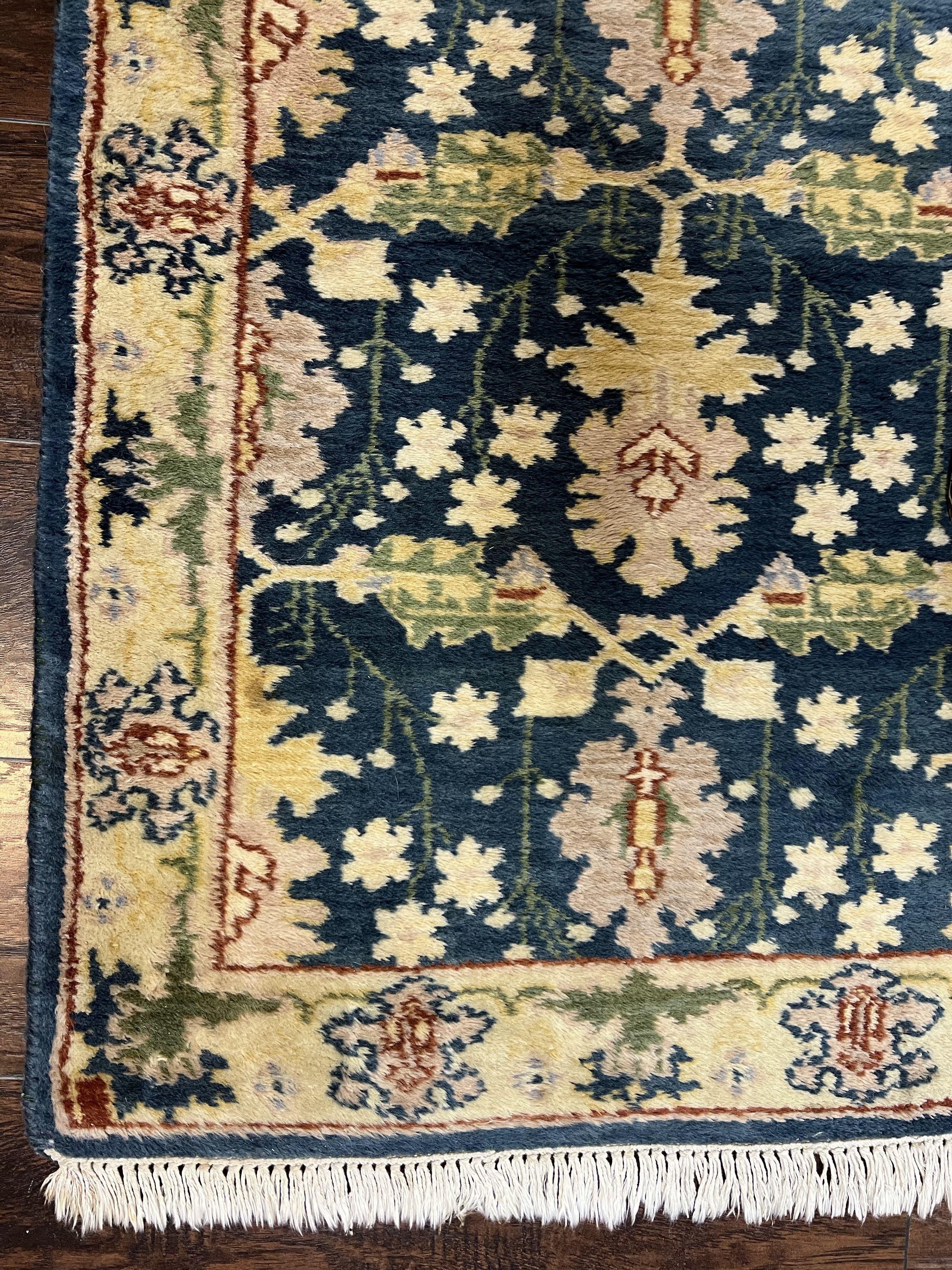 Indian Runner Rug 2.6 x 12, Navy Blue Beige Oriental Runner Rug 12ft Long, Narrow Hallway Runner, Wool Hand Knotted Indo Persian Mahal Rug - Jewel Rugs