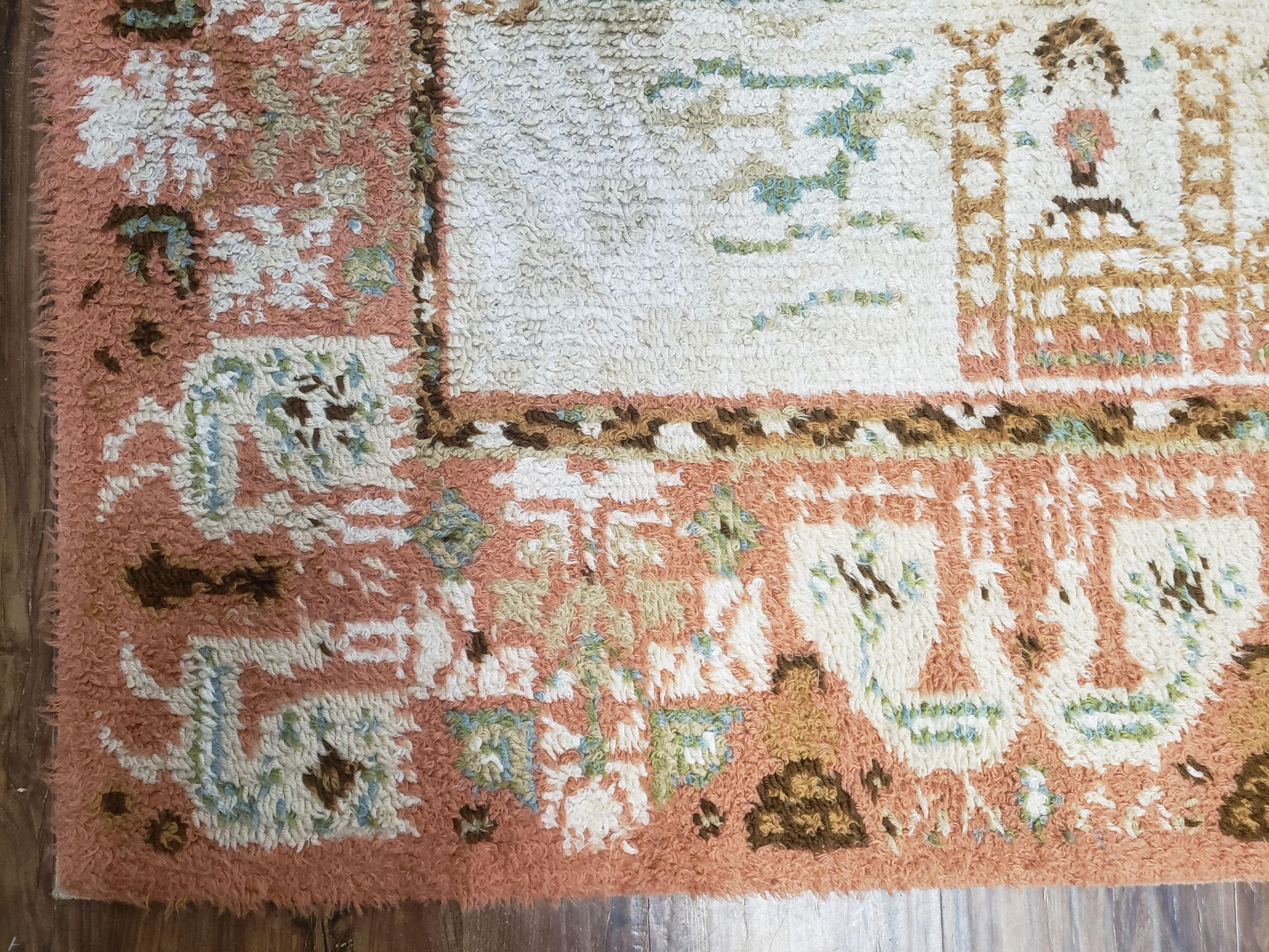 Vintage Scandinavian Area Rug, Rya Shag Rug, Wool, Beige & Carribbean Coral, Scandinavian Folk Art Rug, Human Motifs, Boats, Vikings, 6x9 - Jewel Rugs