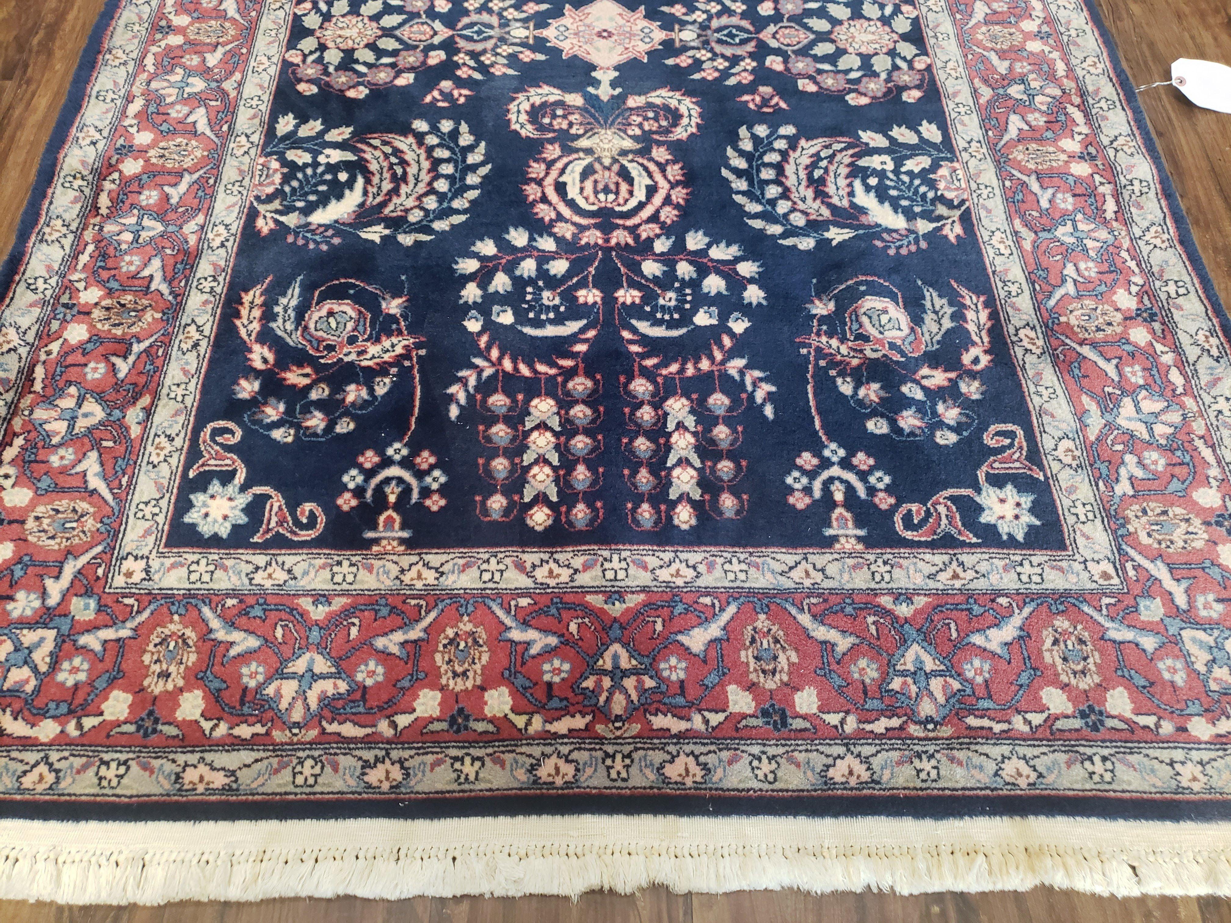 Dark Blue Indo Persian Rug 4x6, Medium Size Hand Knotted Oriental Carpet, Traditional Floral Indian Rug, Blue and Red Entryway Rug, Wool Rug - Jewel Rugs