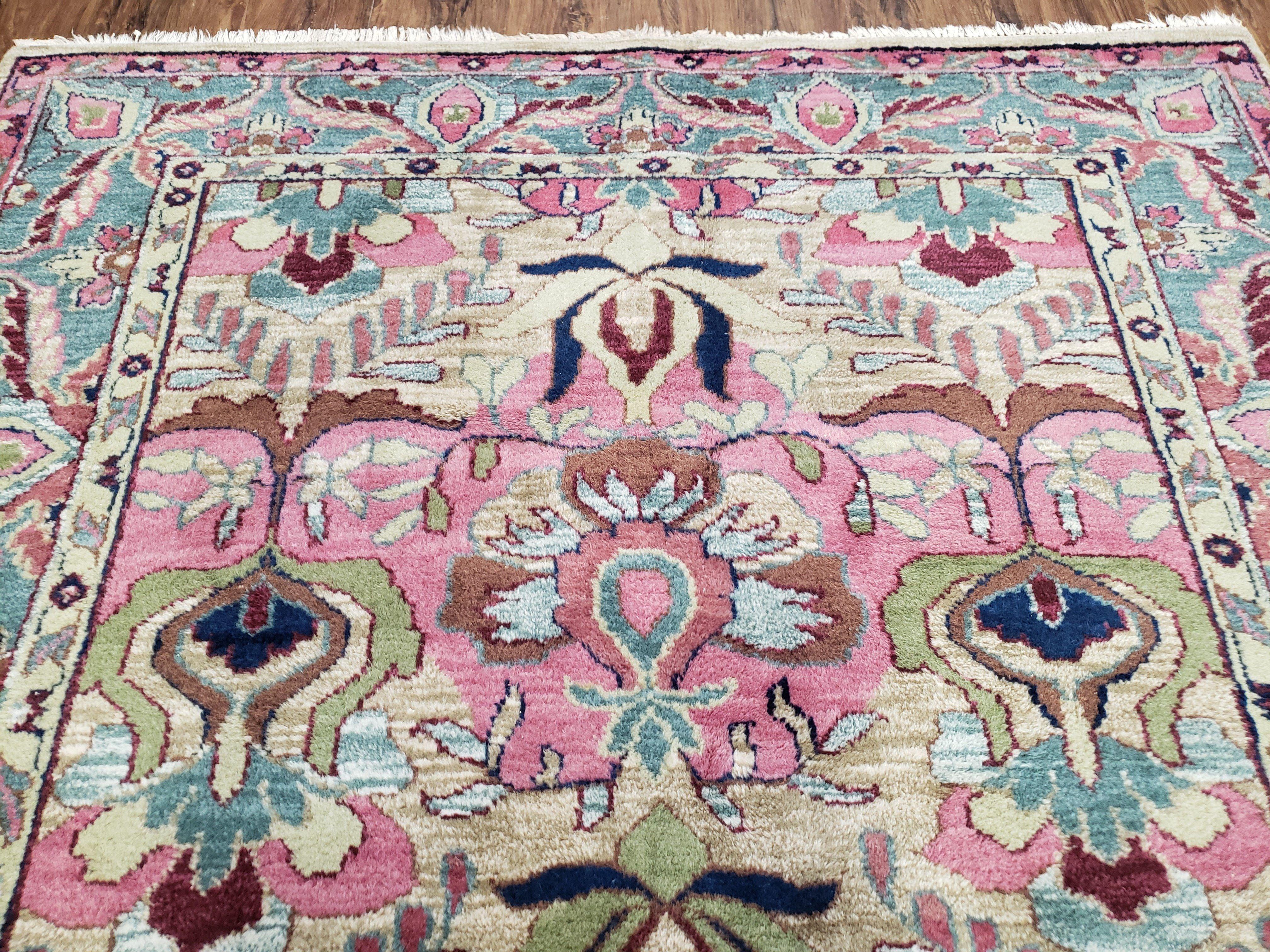 Indo Persian Rug, 6x9 Rug, Medium Sized Handmade Area Rug, Pink and Teal Oriental Carpet, Indian Rug, Vintage Rug, Hand Knotted Rug, Unique - Jewel Rugs
