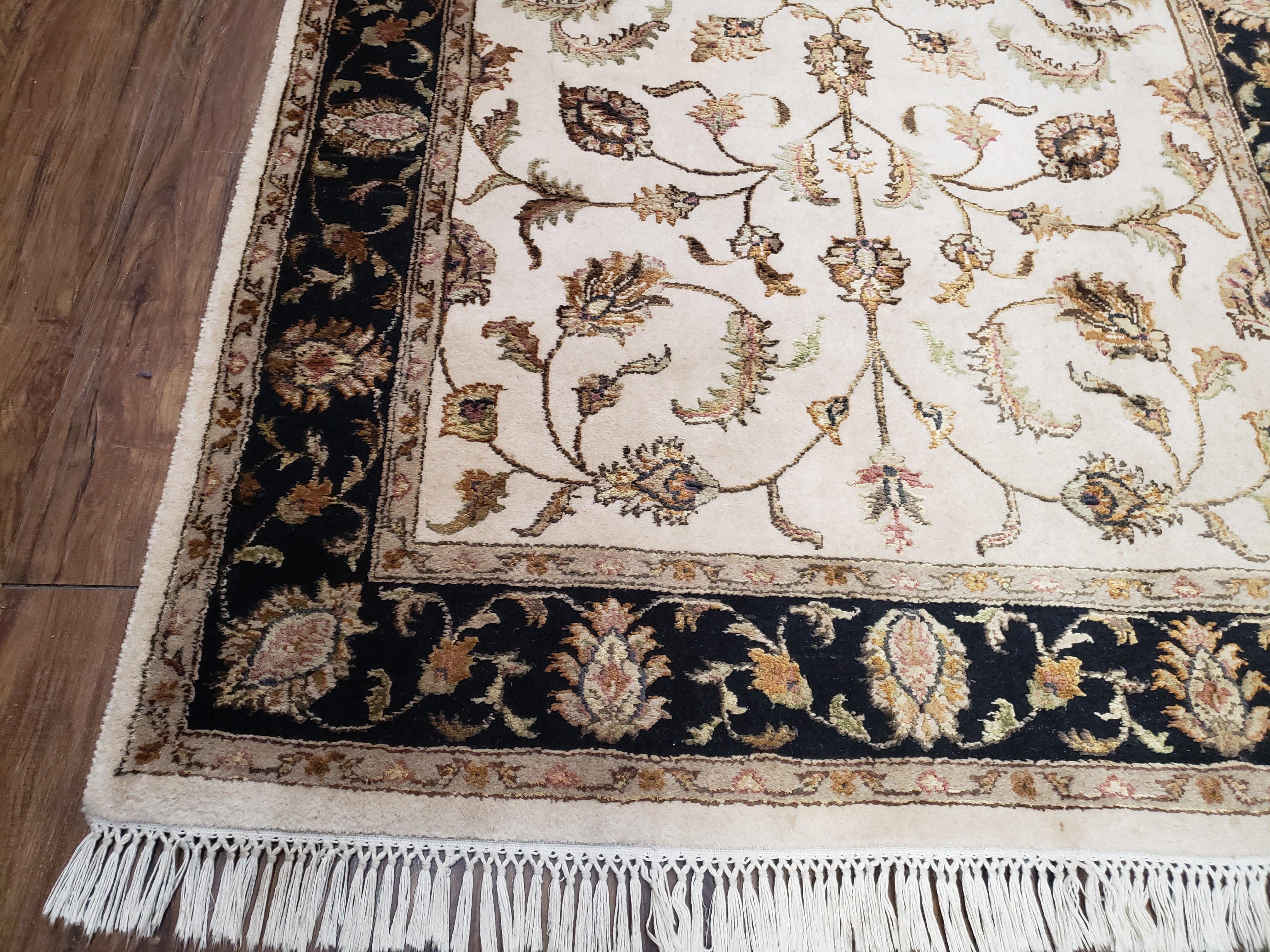 Pak Persian Rug 4x6 ft, Wool Rug with Silk Highlights, Pakistani Carpet 4 x 6, Ivory Black and Gold Rug, Allover Floral Pattern, Quality Rug - Jewel Rugs