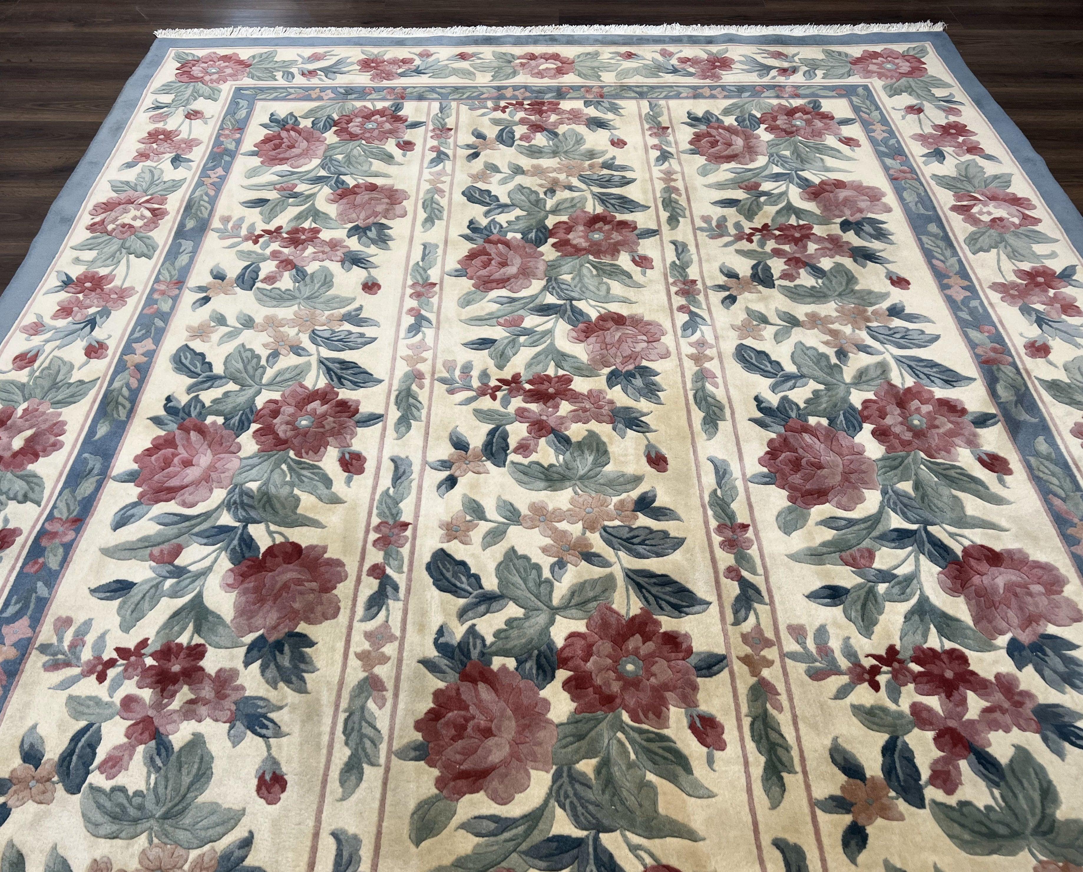 Chinese Wool Rug 8x11, Vintage 1960s Carpet, Cream and Teal, Floral Garden Panel, 8 x 11 ft Area Rug, Soft Handmade Room Sized 120 Line Rug - Jewel Rugs