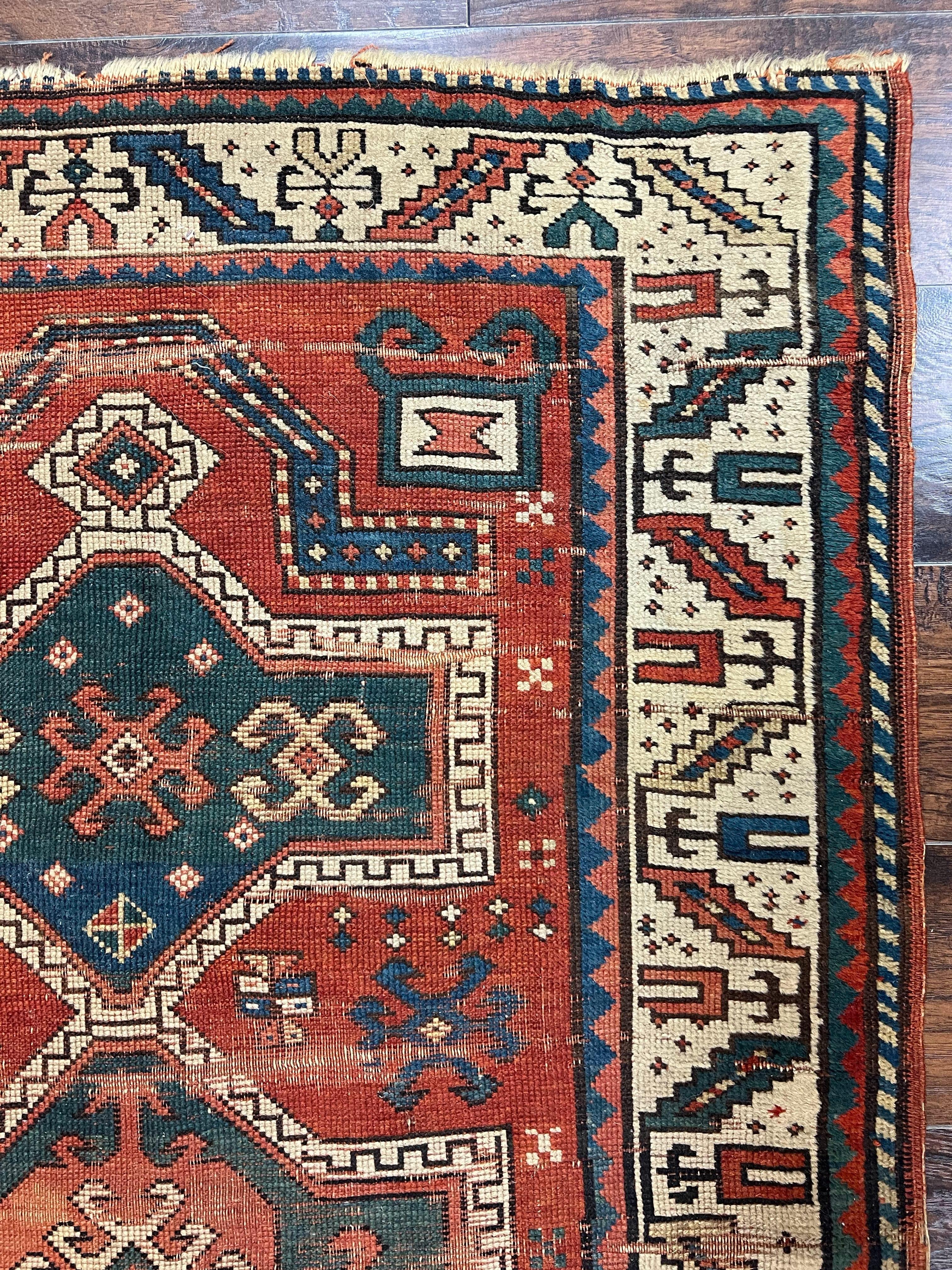 Antique Caucasian Rug 4x5, Geometric Kazak Rug circa 1920s, Hand Knotted Wool Oriental Carpet, Rust Red-Orange and Cream, Collectible Rug - Jewel Rugs