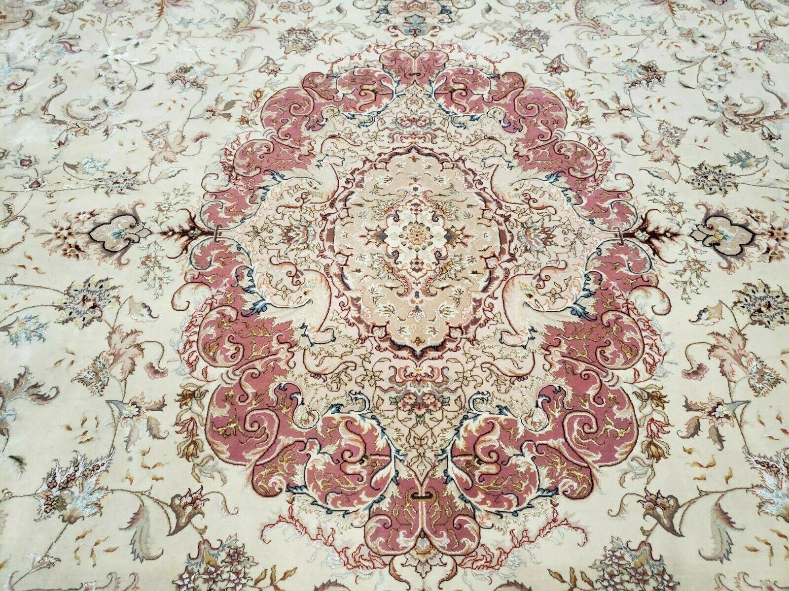 Stunning Sino Persian Rug 9x12, Wool Pile on Silk Foundation, Luxury Elegant Hand Knotted Carpet, Floral Medallion, Very Fine, Cream Salmon - Jewel Rugs