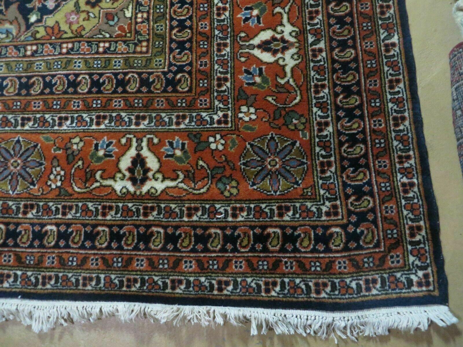 Indo Persian Rug 9x12, Semi Open Field Medallion, Ivory Tomato Red Navy Blue, Hand Knotted Indian Oriental Wool Carpet 9 x 12 ft, Room Sized - Jewel Rugs