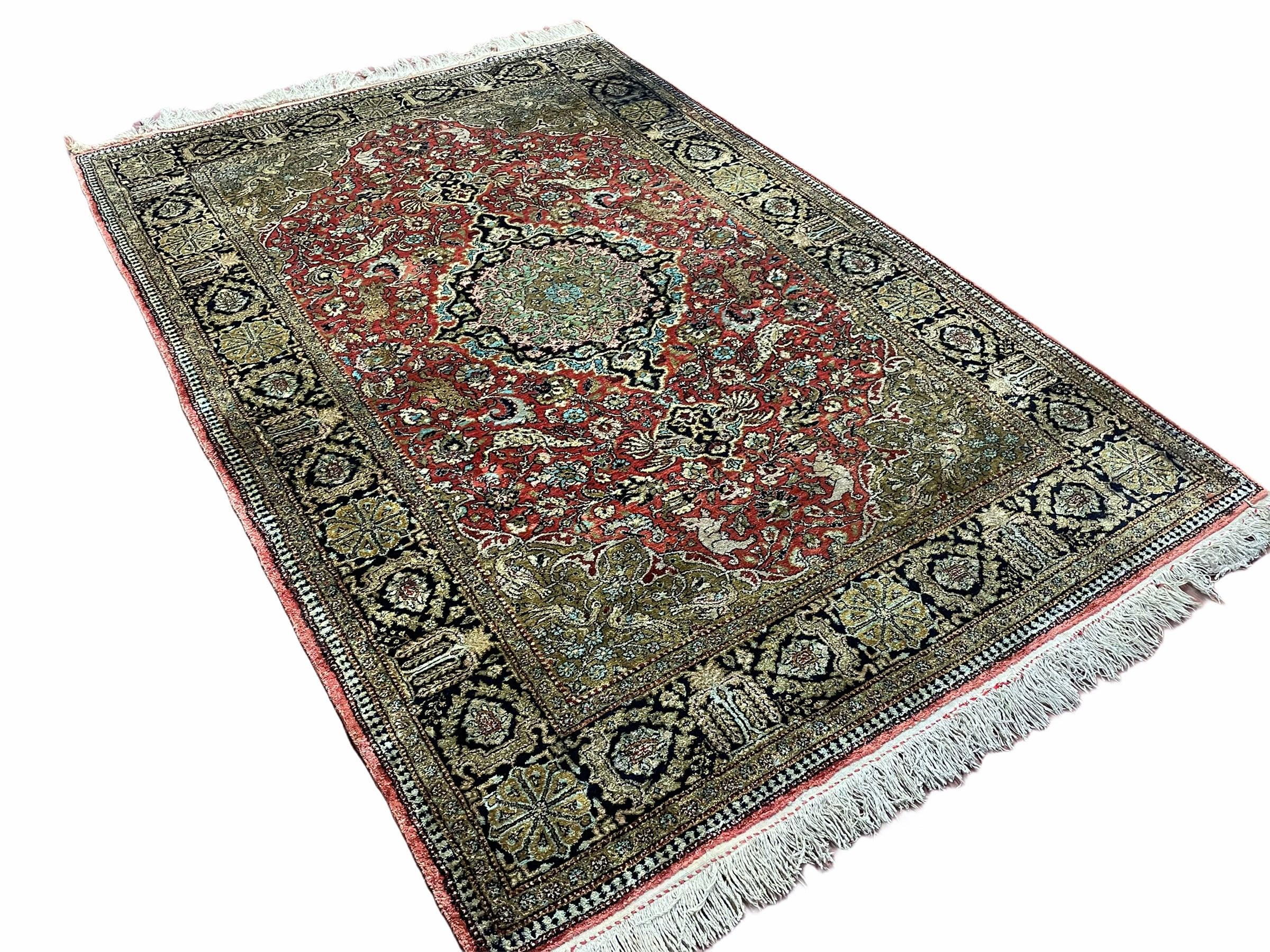 Persian Qum Silk Rug 3.8 x 5.6, Silk on Silk, Animal Pictorials, Fine 330 KPSI - Jewel Rugs