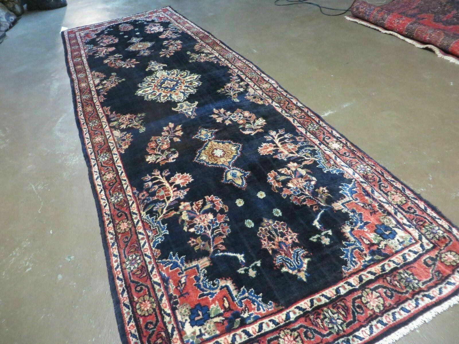 Persian Runner Rug 3.7 x 10.9, Antique Persian Lilihan Lilian Sarouk Wool Handmade Oriental Tribal Hallway Runner, Navy Blue Red Cream, Floral Semi Open Field Medallion - Jewel Rugs