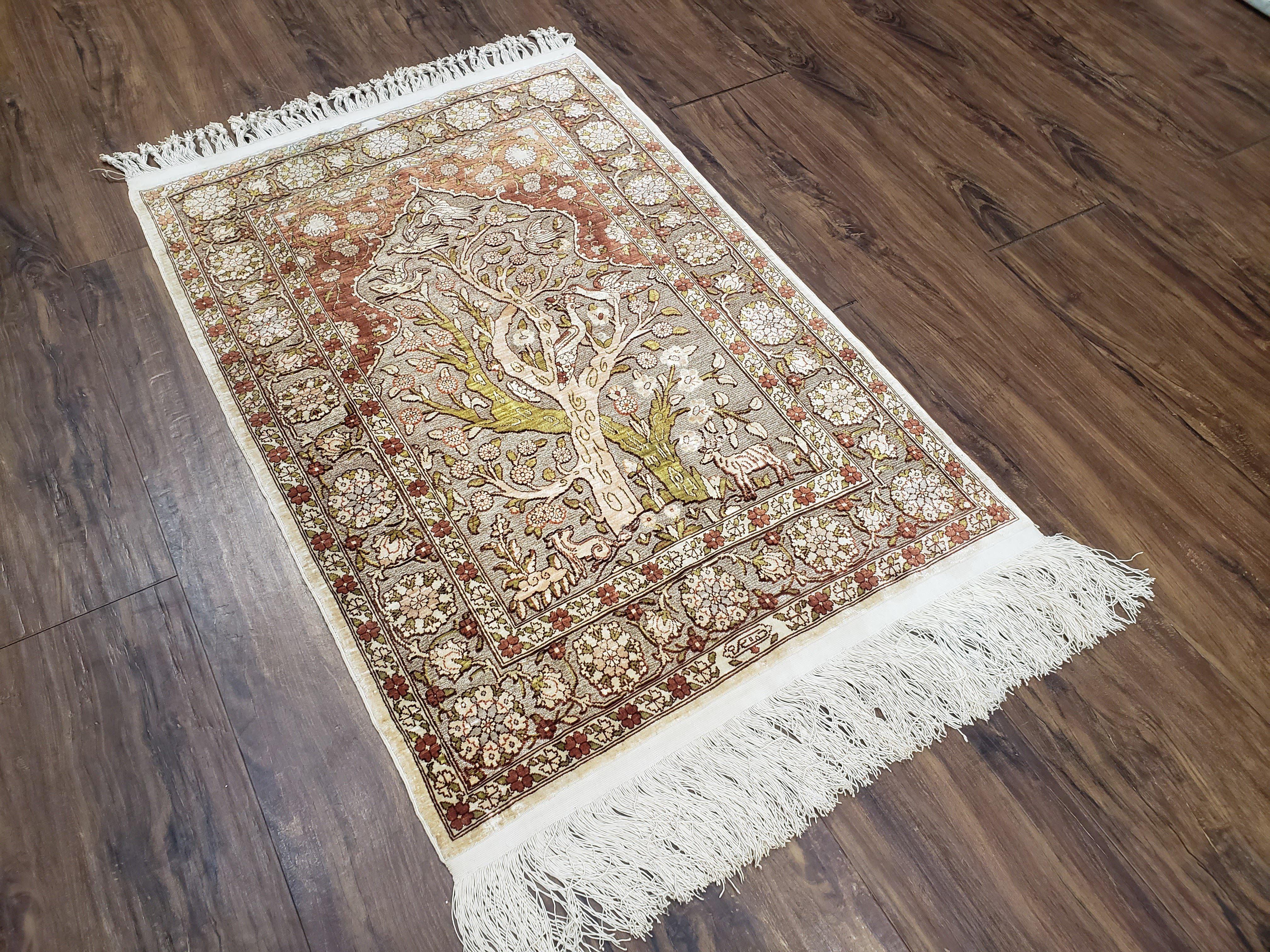 Turkish Hereke Silk Rug with Gold Threads, 2x3 Silk and Gold Oriental Carpet Tree of Life with Animals Very Fine Antique Vintage Top Quality - Jewel Rugs