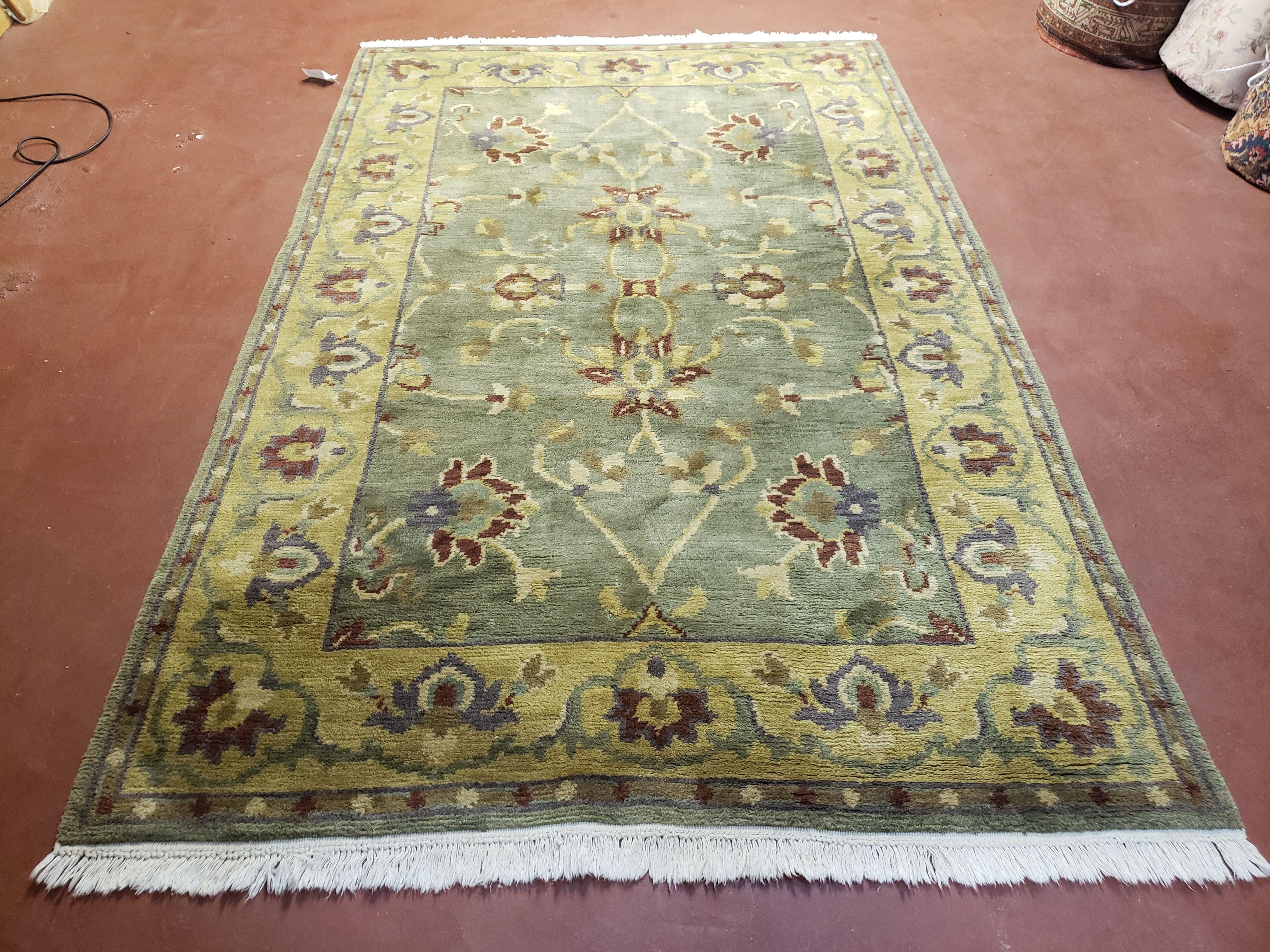 5x7 Tibetan Rug 5x8 Nepal Carpet Wool Green Vintage Hand-Knotted Area Rug Foyer Rug - Jewel Rugs