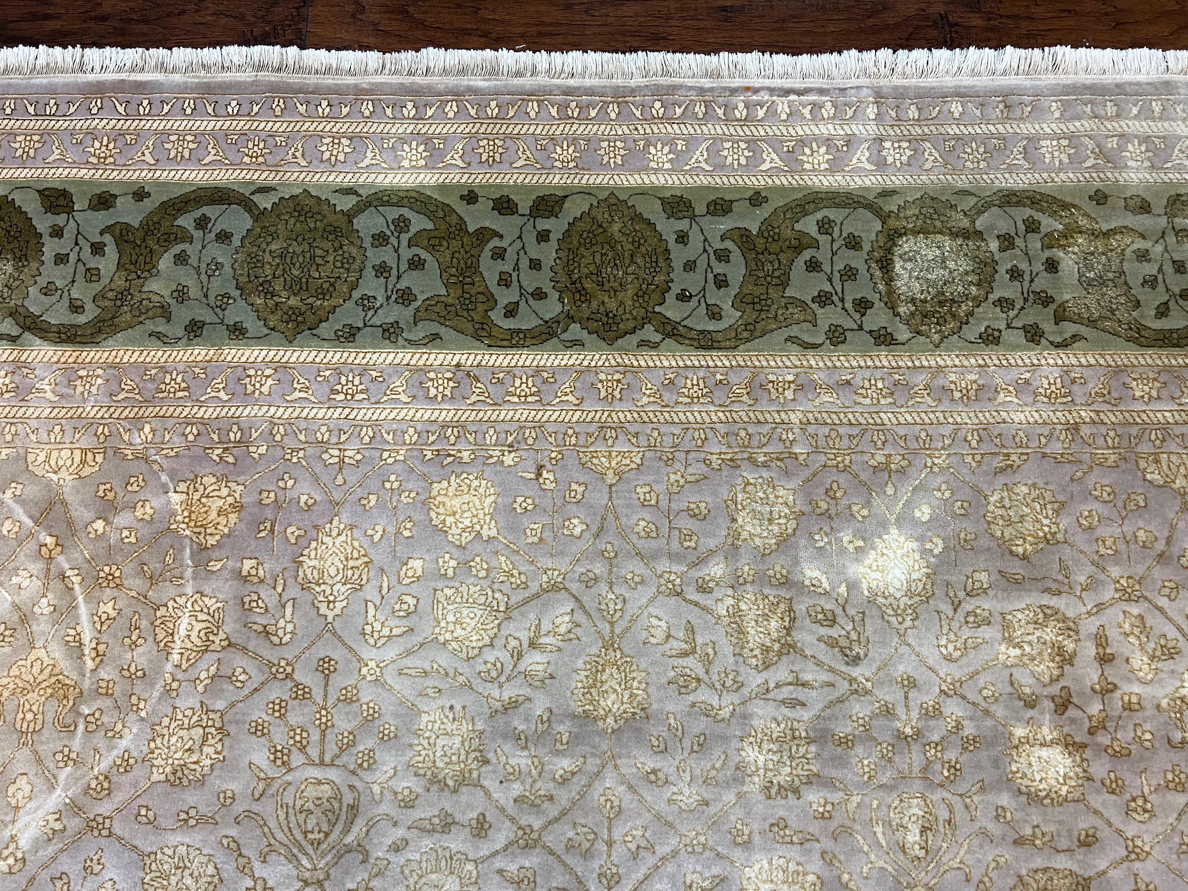 Modern Safavieh Tibetan Rug 10x14, Wool & Silk Accents, Fine Contemporary Floral Carpet, Handmade Hand Knotted Nepali Rug, Gray Gold Green - Jewel Rugs