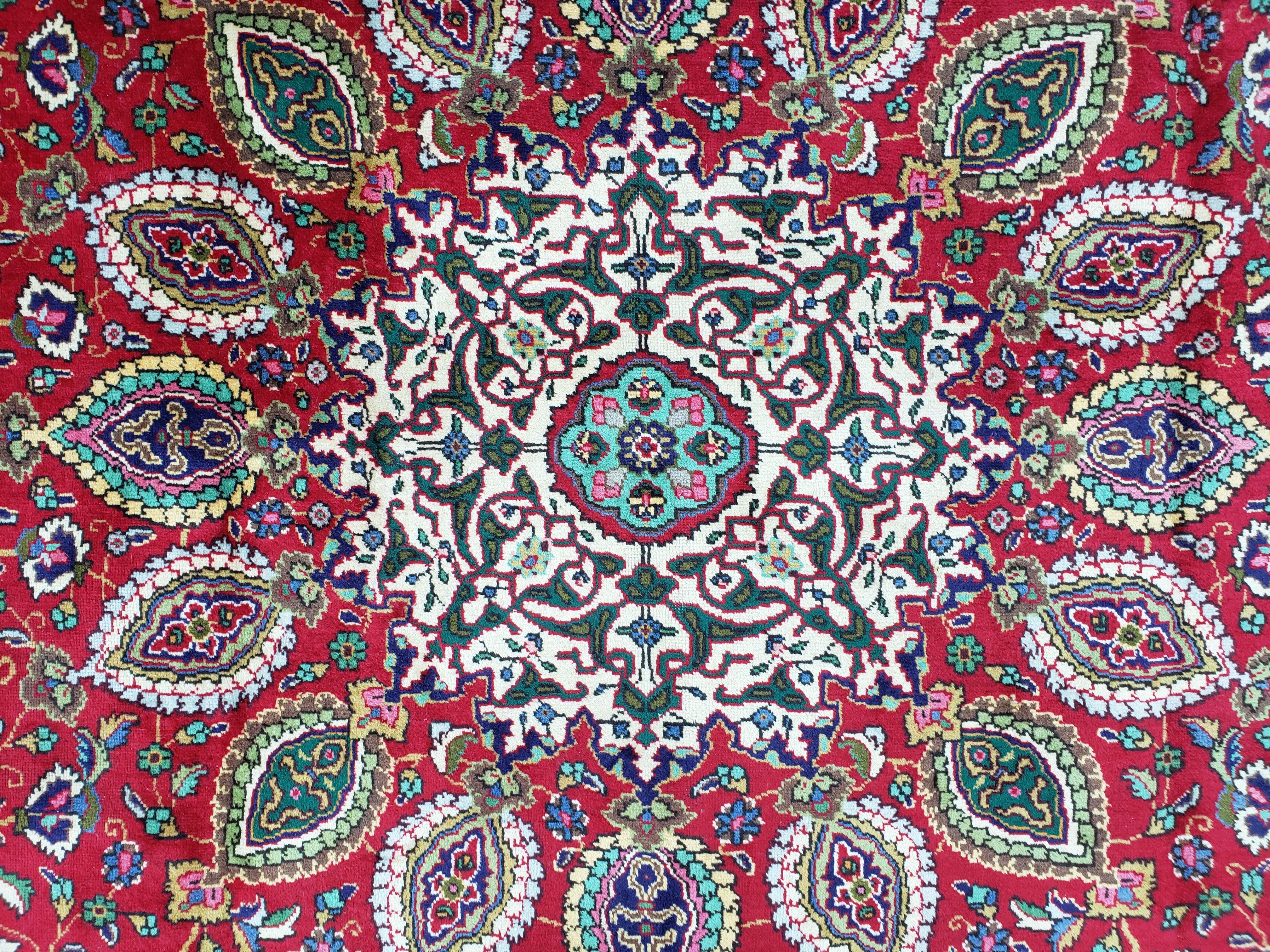 Antique Persian Tabriz Rug 9' 7" x 12' 9", Central Medallion, Persian Vases, Flowers, Curvilinear Vines, Red Blue Ivory, 10x13, Hand-Knotted, Wool, Mustafi Design - Jewel Rugs