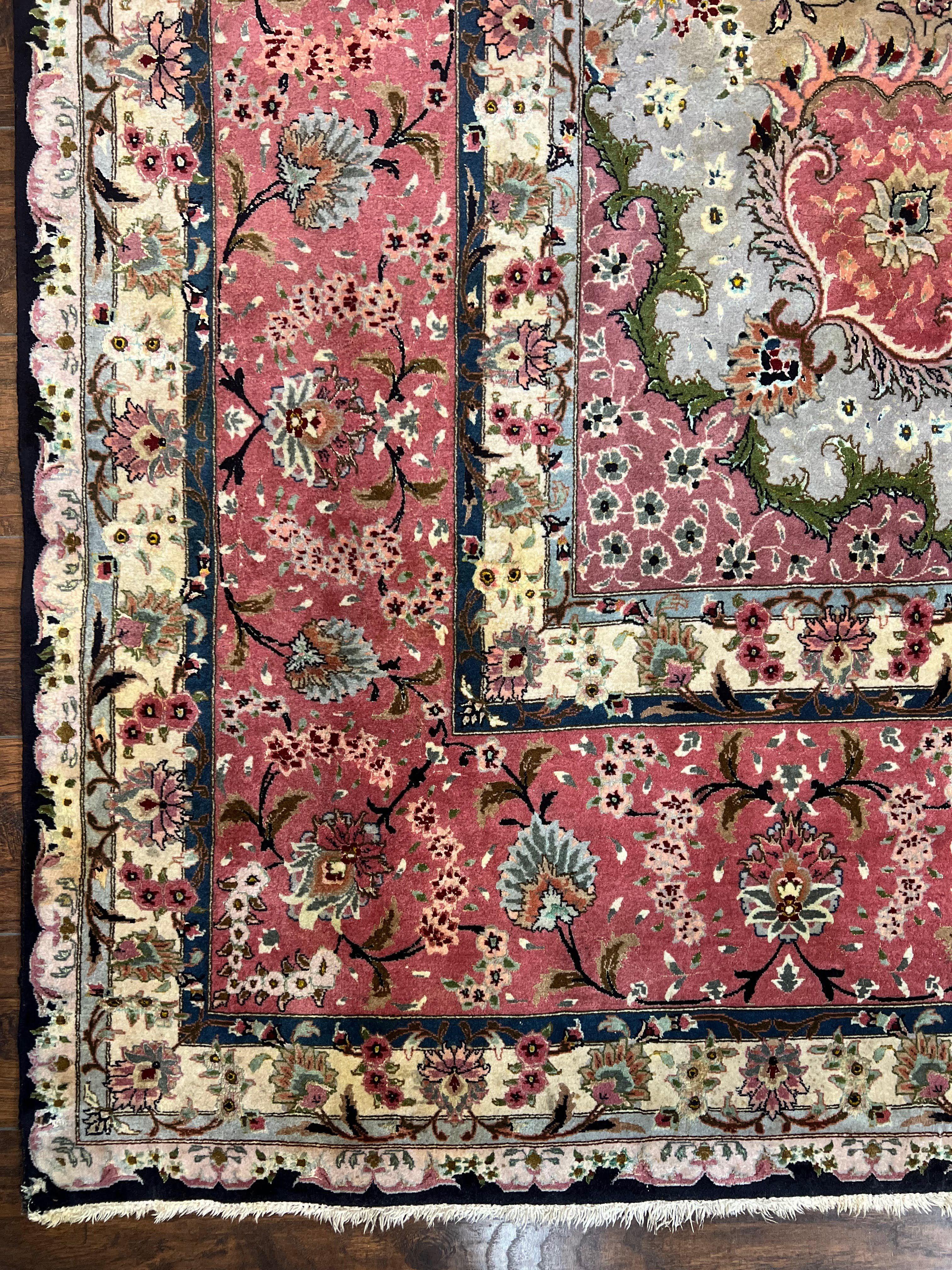 Magnificent Persian Tabriz Rug 11x16, Oversized Persian Carpet 11 x 16 ft, Wool on Silk Finely Hand Knotted, 450 KPSI, Floral Medallion, Black Pink - Jewel Rugs