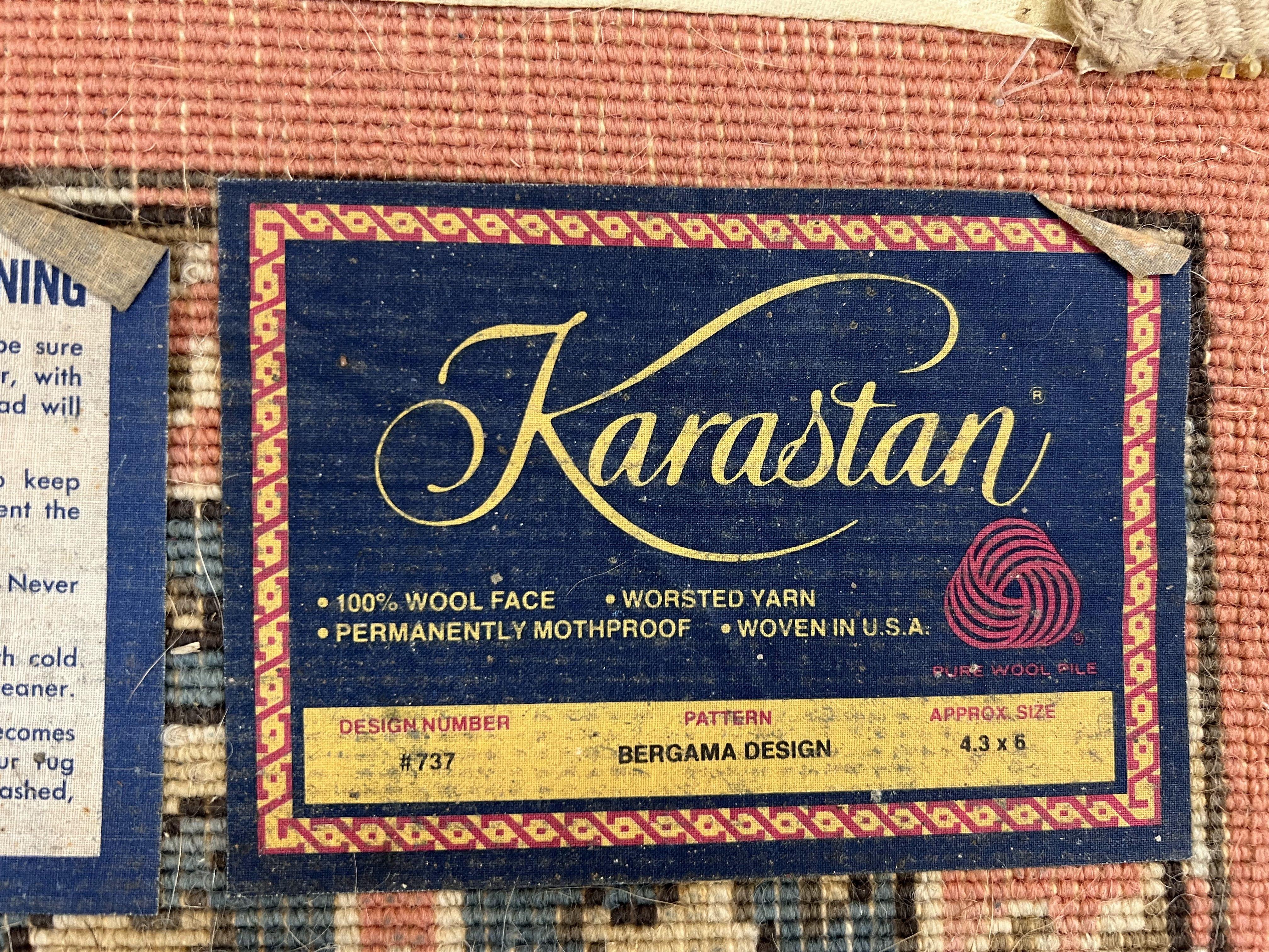 Karastan Rug 4x6 Bergama Design #737, Karastan Area Rug, Vintage Wool Karastan Carpet, Original Collection 700 Series, Salmon Red Light Blue - Jewel Rugs
