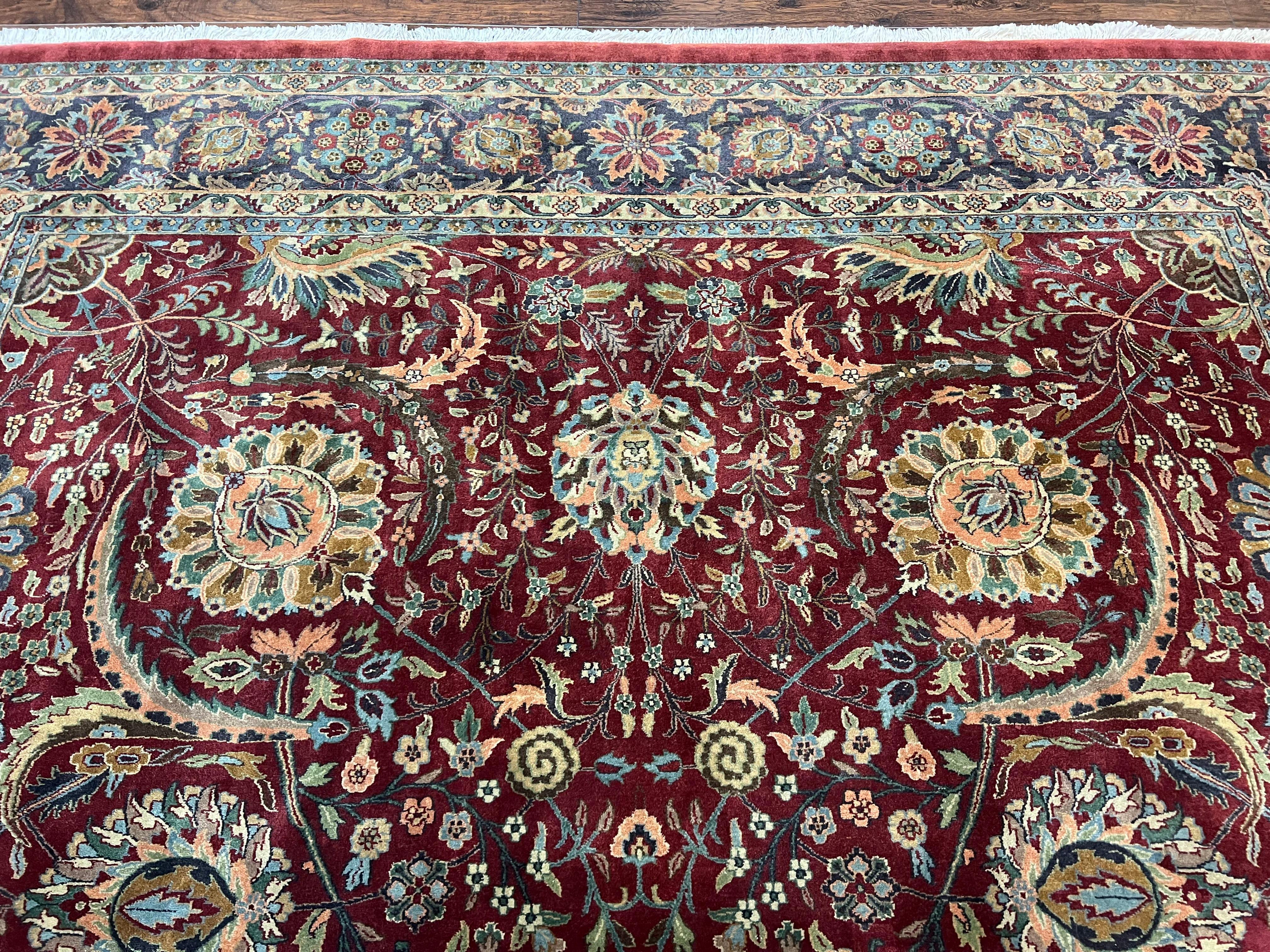 Large Indian Agra Rug 10x13, Maroon Midnight Blue Tan Hand Knotted Wool Oriental Carpet 10 x 13 ft, Floral Allover, Vintage Traditional Rug - Jewel Rugs