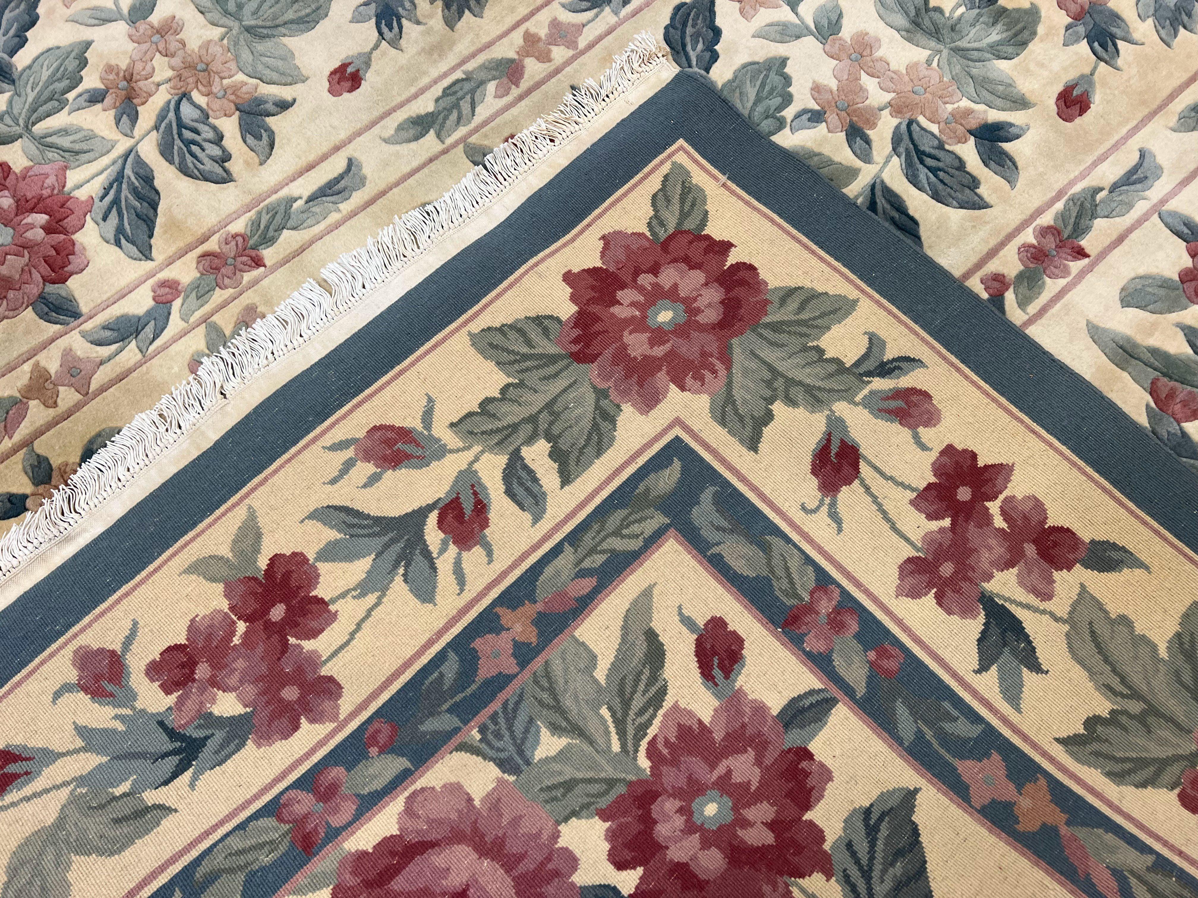 Chinese Wool Rug 8x11, Vintage 1960s Carpet, Cream and Teal, Floral Garden Panel, 8 x 11 ft Area Rug, Soft Handmade Room Sized 120 Line Rug - Jewel Rugs