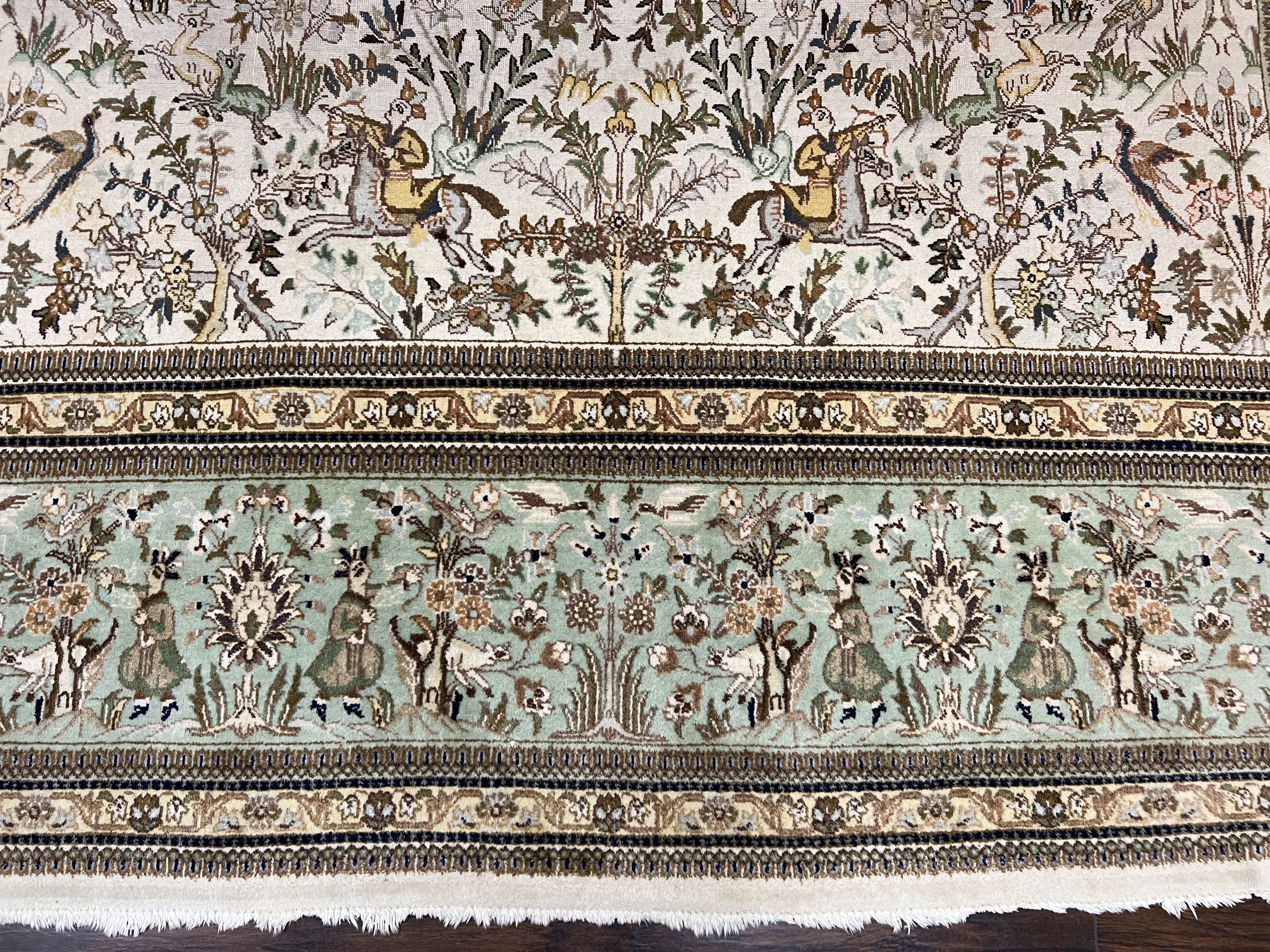 Wonderful Persian Tabriz Rug 10x16, Ivory and Light Green Oriental Carpet, Large Wool Handmade Rug 10 x 16, Floral, Hunting Scene Horsemen Animals - Jewel Rugs
