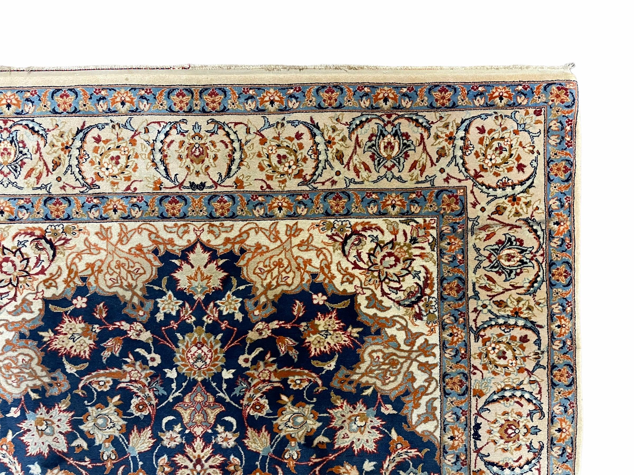 Persian Isfahan Rug 4x5, Navy Blue & Ivory, Wool and Silk Highlights - Jewel Rugs