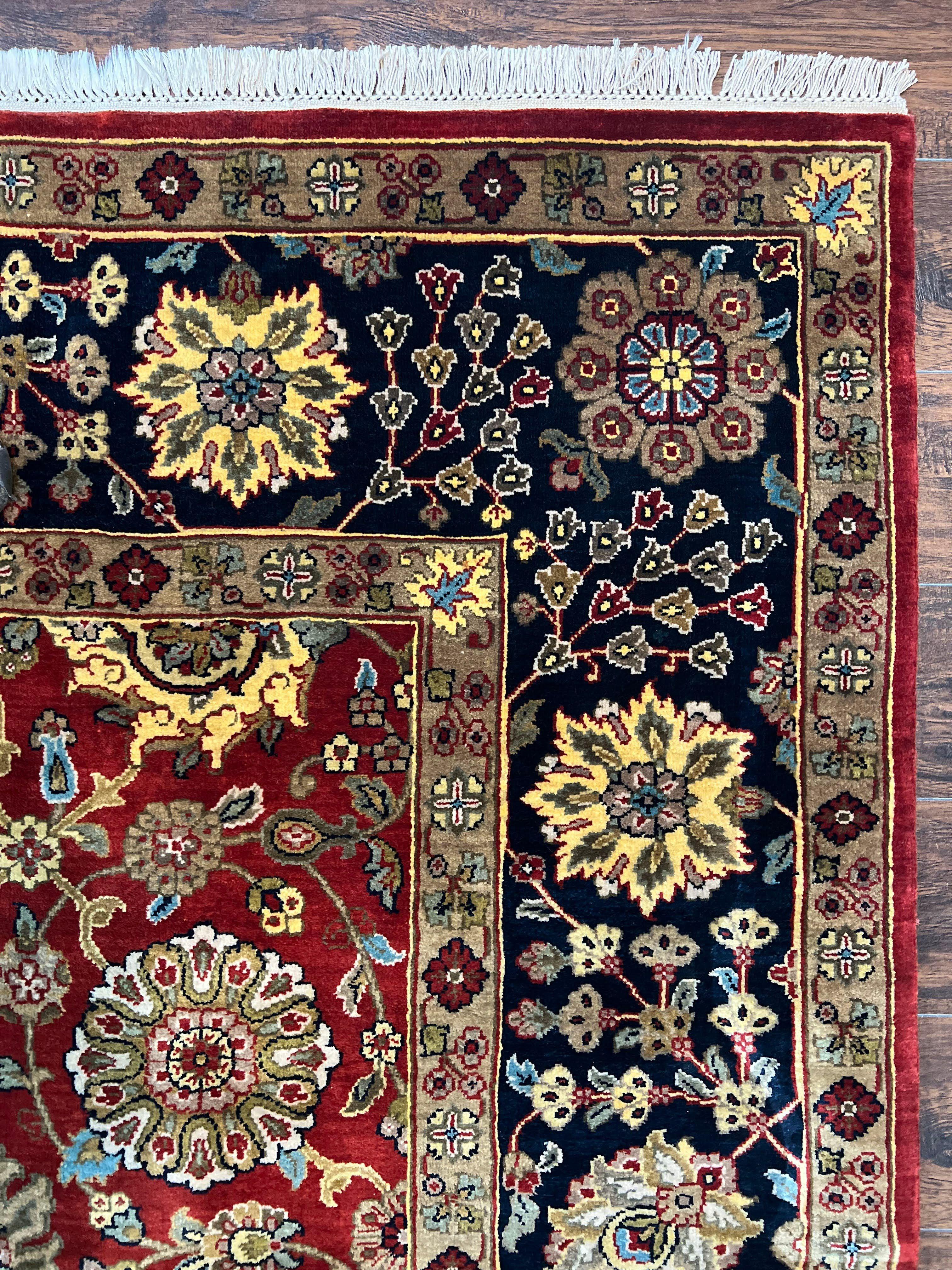 Indo Persian Rug 9x12, Hand Knotted Traditional Indian Wool Oriental Carpet 9 x 12 ft, Maroon and Navy Blue, Floral Allover 9x12 Vintage Rug - Jewel Rugs