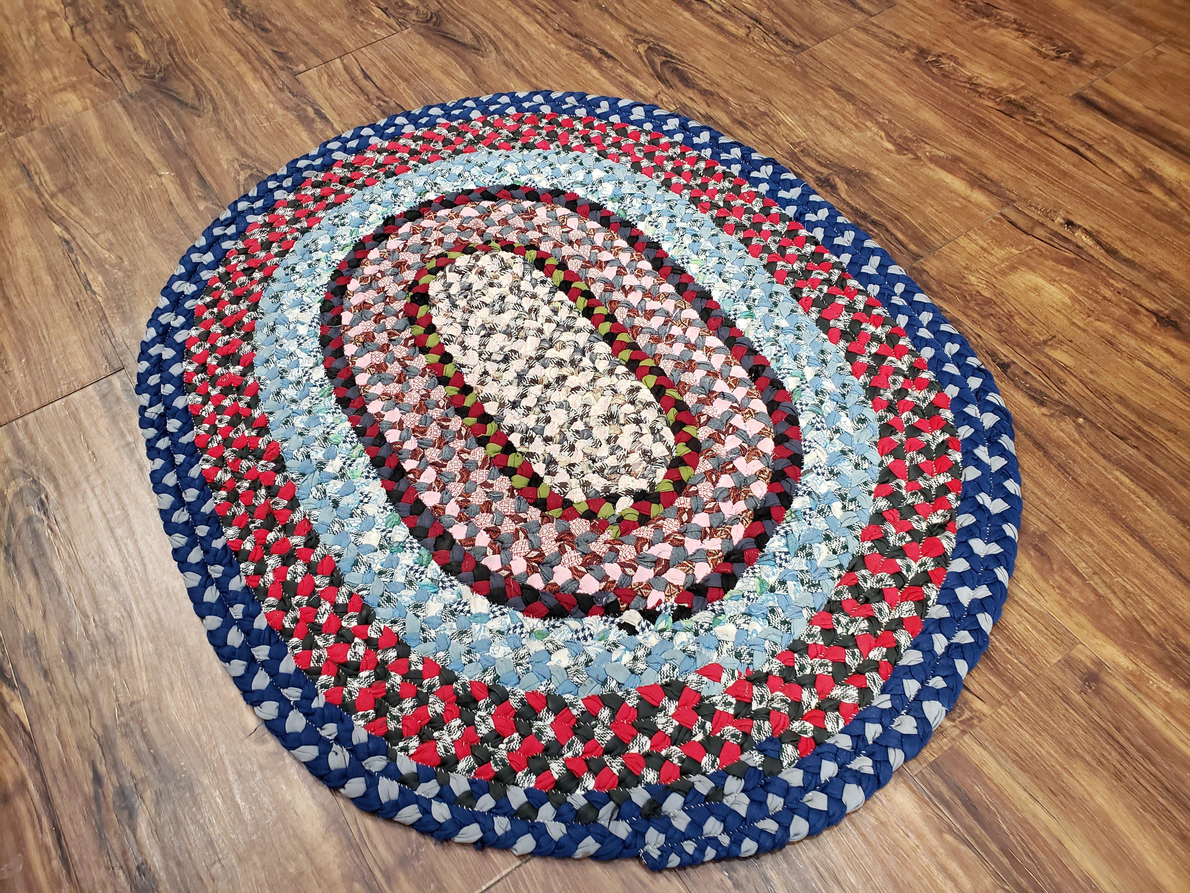 Oval Braided Rug, Vintage Hand Braided Rug, Blue Oval Rug, Multicolor Braided Rug, American Braided Rug, Small Oval Braided Rug, Area Rug - Jewel Rugs