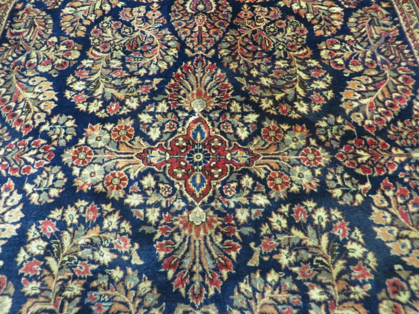 Antique Persian Sarouk Rug 4x6, Hand Knotted 1920s Oriental Carpet 4 x 6 ft, Navy Blue and Red Wool Rug, Handmade Floral Allover Persian Area Rug - Jewel Rugs