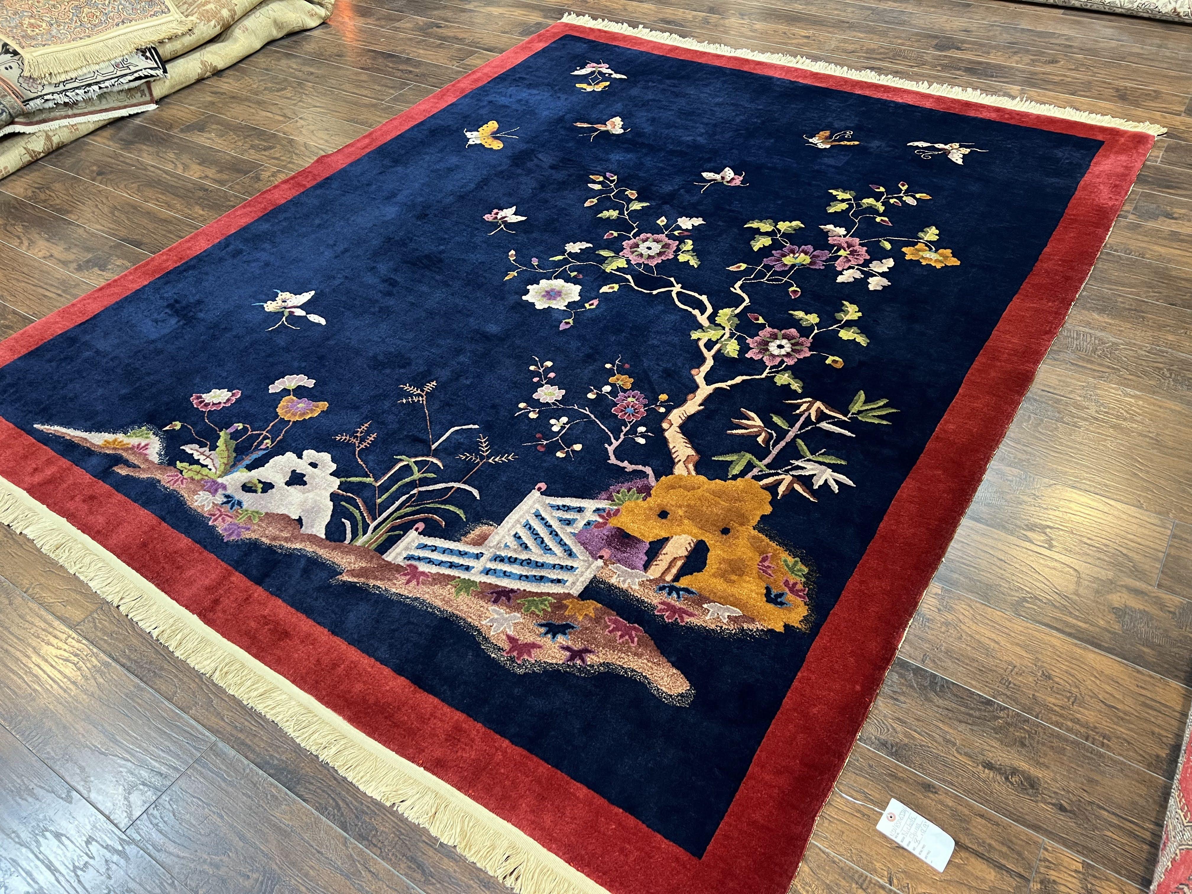 Chinese Art Deco Rug 8x10, Nichols Rug, Navy Blue and Red, Handmade Wool Carpet 8 x 10, Semi Antique Vintage Asian Oriental Rug, Butterflies - Jewel Rugs