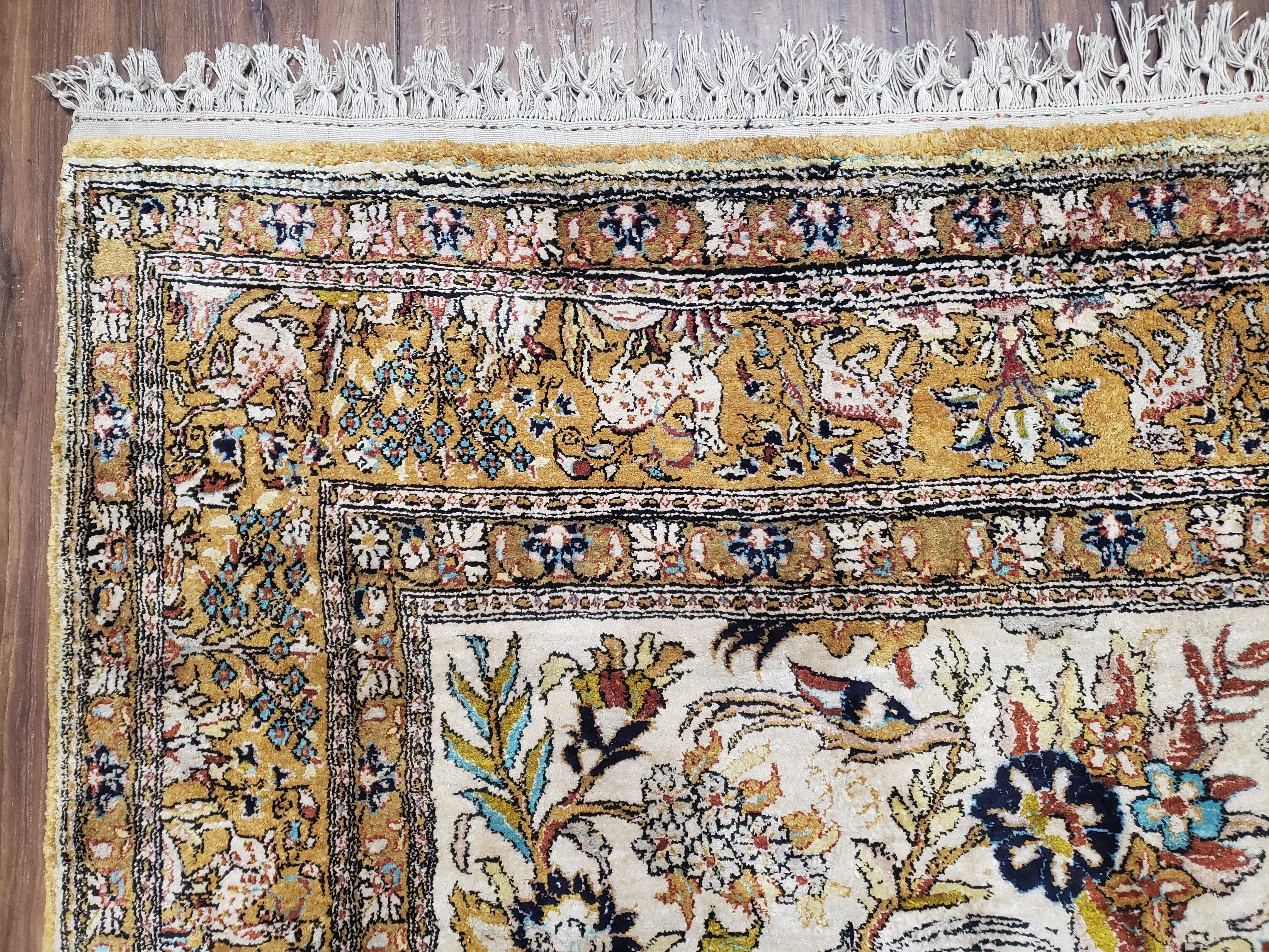 Persian Qum Silk Rug 5x7, Tree of Life Persian Silk Carpet with Animal Pictorials, Birds Deer, Hand Knotted 1950s Fine Rug Cream Gold - Jewel Rugs