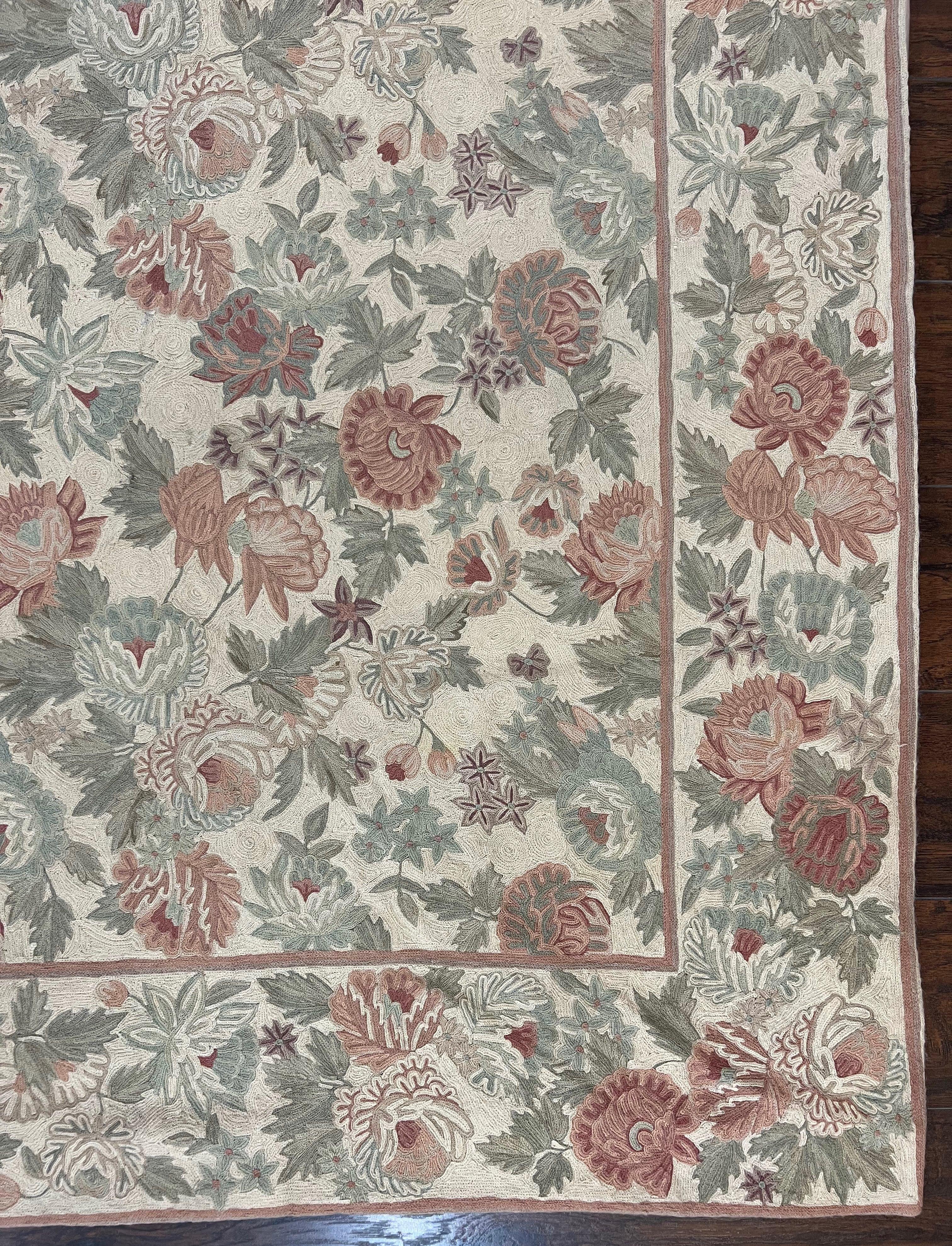 Indian Hand Stitched Rug 9x12 Florall Allover Vintage Wool Cream Rose Floral - Jewel Rugs