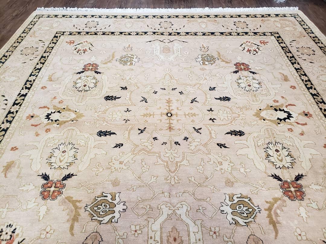Vintage Pak-Persian Square Room Sized Rug, 8 x 8.8 Hand-Knotted Handmade Wool Carpet Light Taupe Black, Decorative Square Area Rug 8x8 - 8x9 - Jewel Rugs