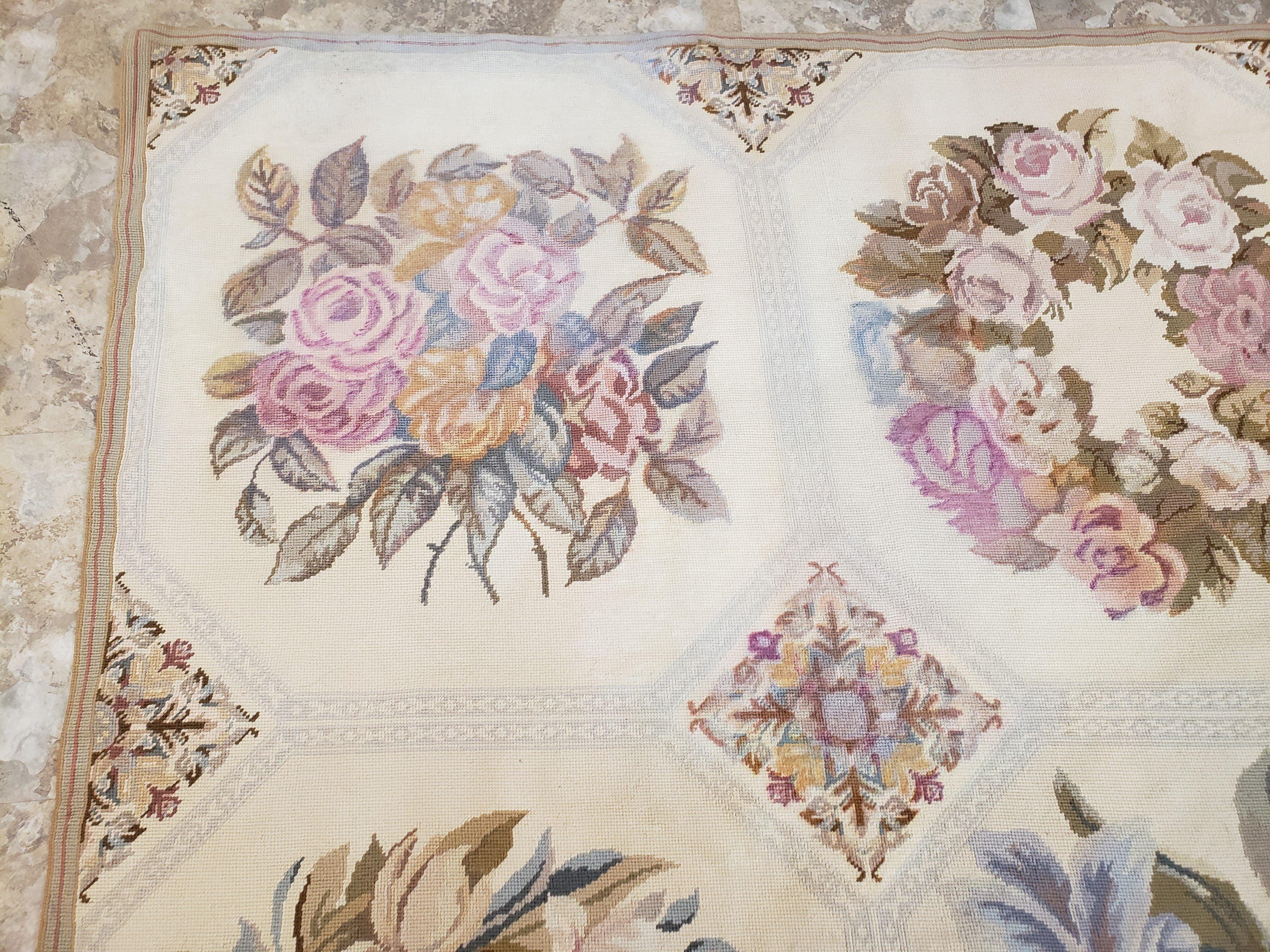 Needlepoint Rug 10x13 Vintage Carpet, Floral Panel Design, Beige, Multicolor Flowers, Handmade Hand Woven, Flatweave, No Pile, Wool - Jewel Rugs