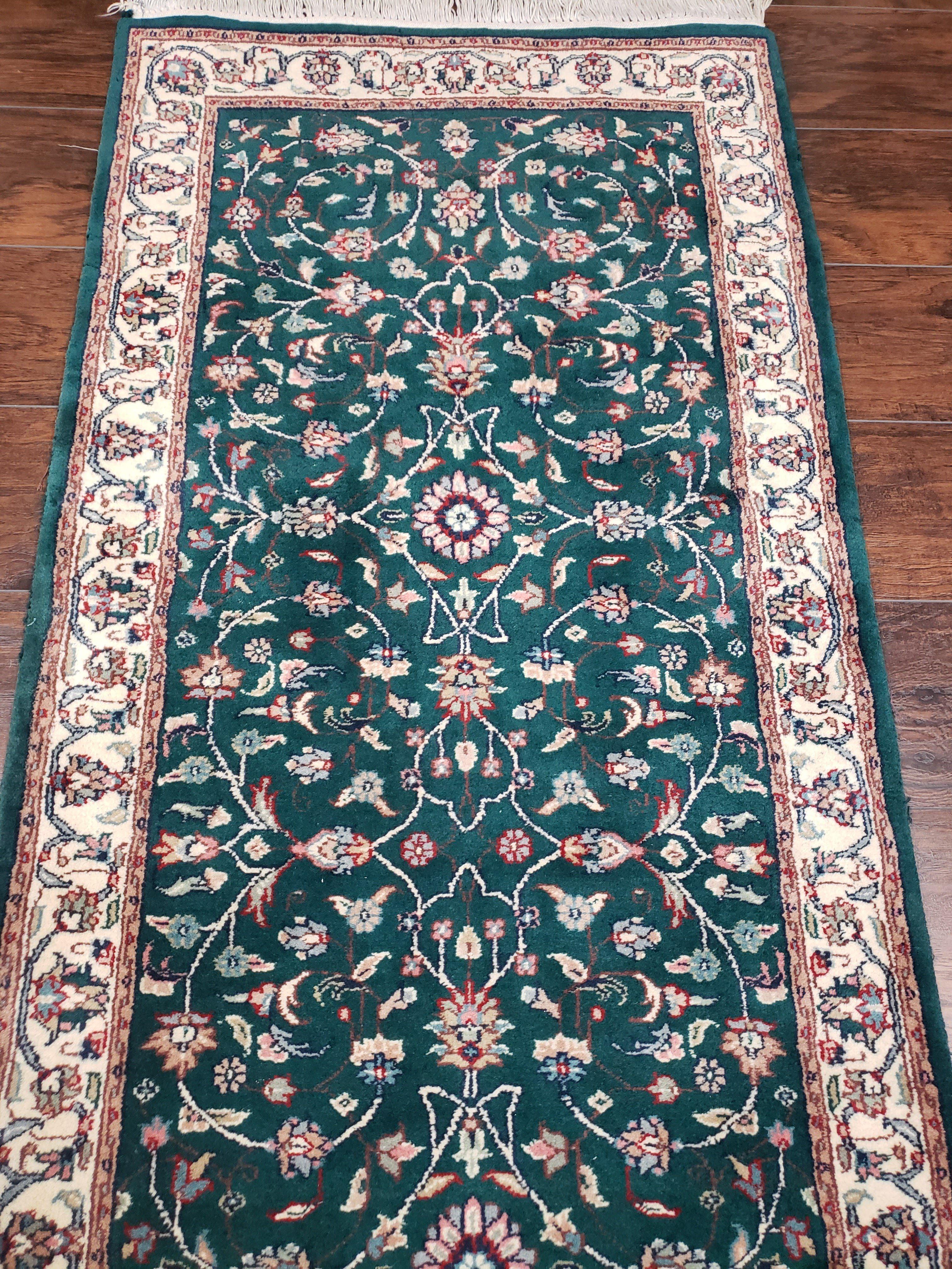 Extra Long Runner Rug 24 ft, Skinny & Long Rug for Hallway Corridor 2.6 x 24 Indo Persian Vintage Wool Rug Green and Cream Handmade Oriental - Jewel Rugs