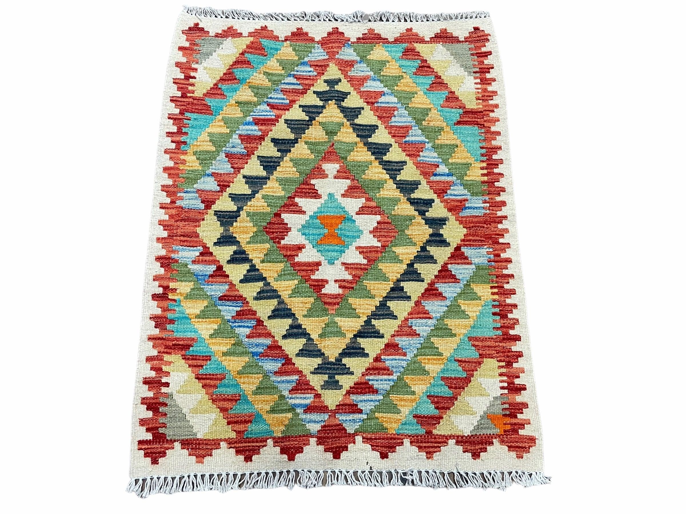 Small Kilim Rug 2x3 Colorful Turkish Kilim Accent Rug New Flatweave Wool Kilim Chobi Kilim Diamond Zigzag Playroom Rug - Jewel Rugs