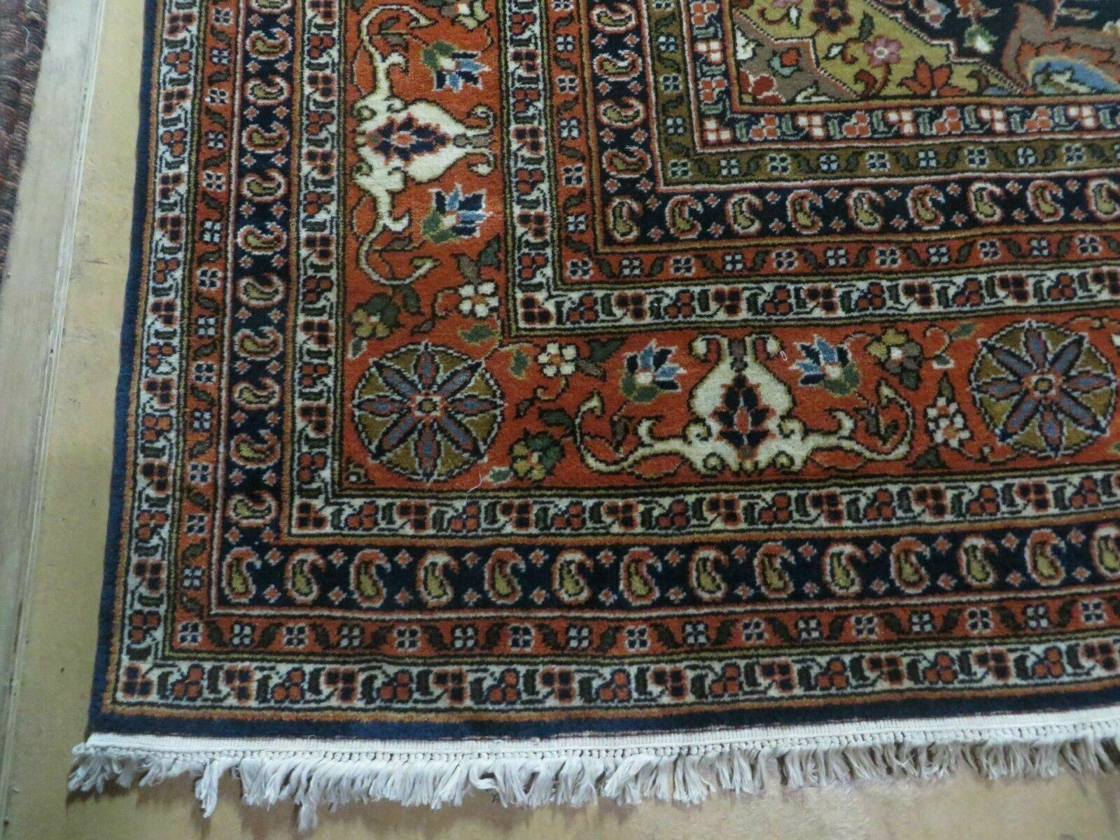 Indo Persian Rug 9x12, Semi Open Field Medallion, Ivory Tomato Red Navy Blue, Hand Knotted Indian Oriental Wool Carpet 9 x 12 ft, Room Sized - Jewel Rugs