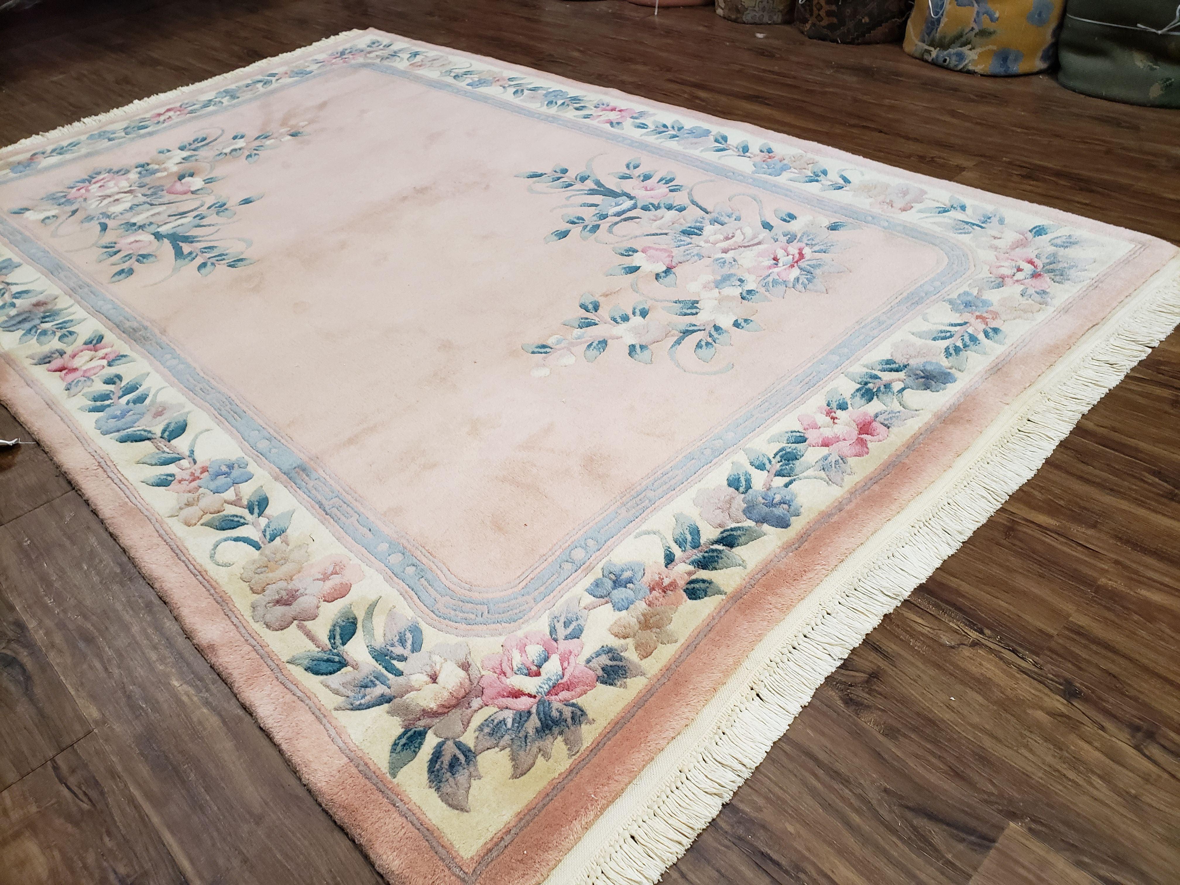 Vintage Light Pink Chinese Carving Area Rug, Floral Plush Carpet, Soft Pile, Hand-Knotted, Pink & Teal, Pastel Colors Home Decor, 5.4 x 8.2 - Jewel Rugs