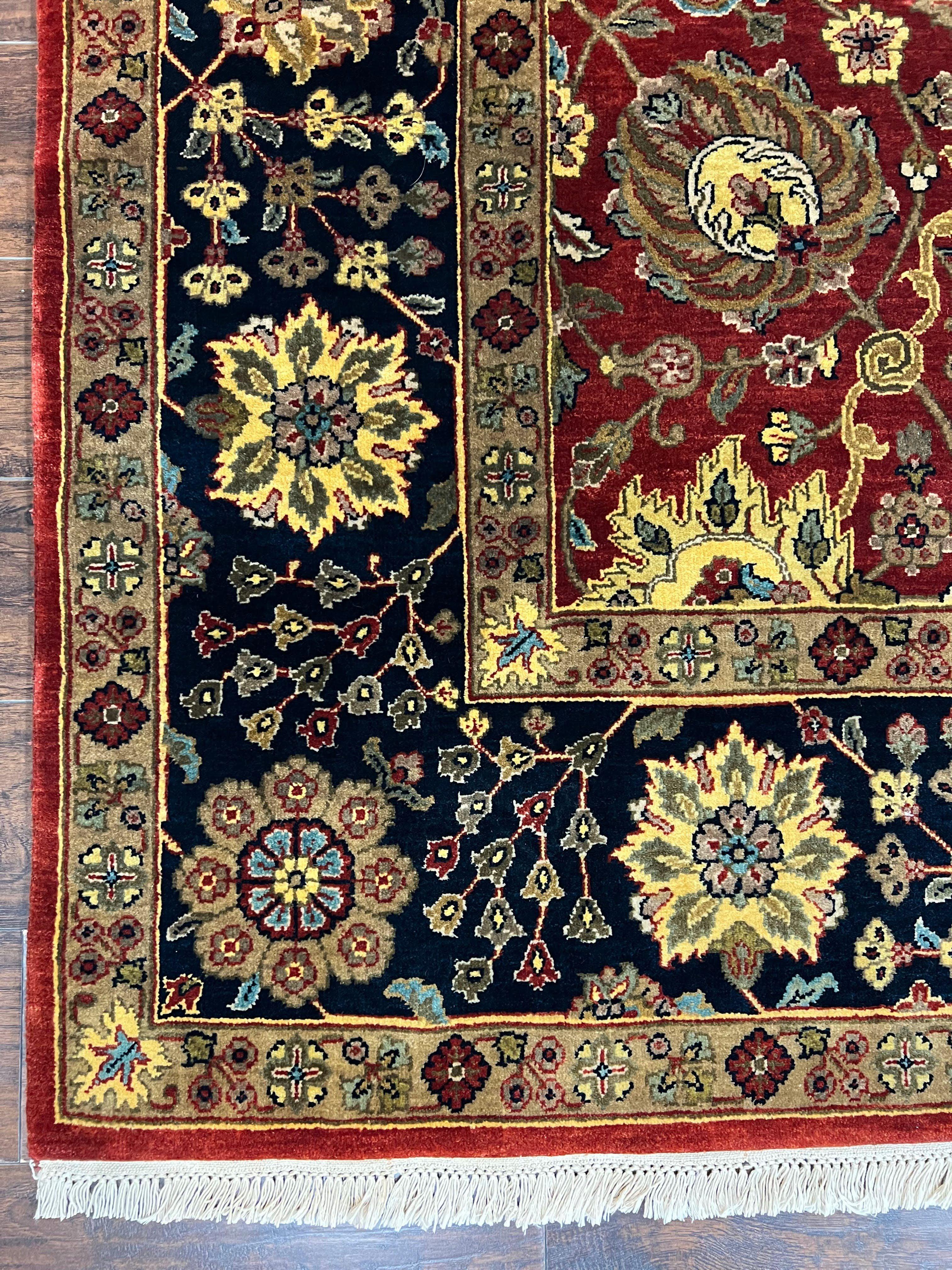 Indo Persian Rug 9x12, Hand Knotted Traditional Indian Wool Oriental Carpet 9 x 12 ft, Maroon and Navy Blue, Floral Allover 9x12 Vintage Rug - Jewel Rugs