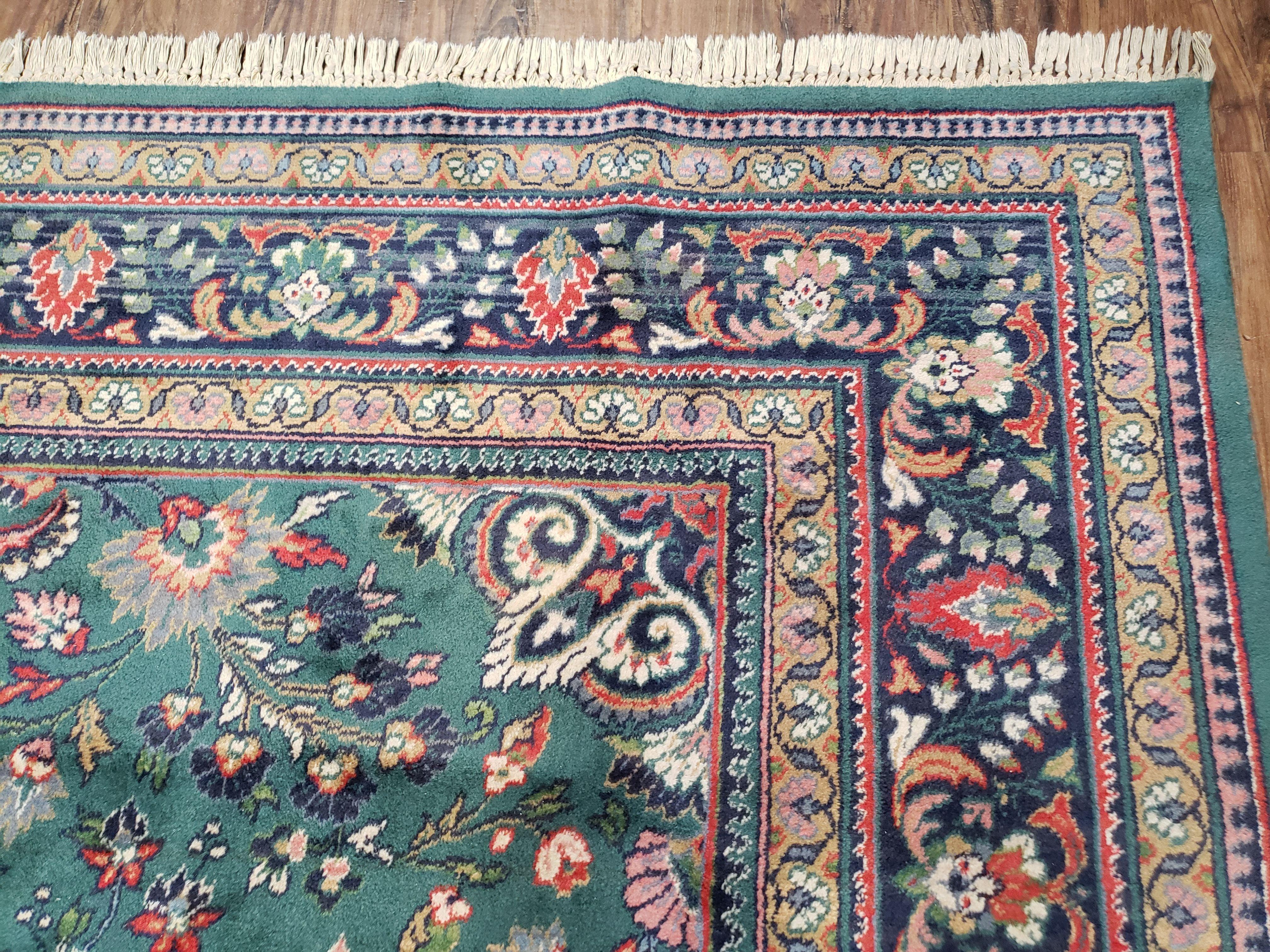 Vintage Traditional Oriental Rug, Pine Green & Midnight Blue Carpet, Louis de Poortere, 8x11 Belgium Power-Loomed Rug, Allover Floral Design - Jewel Rugs