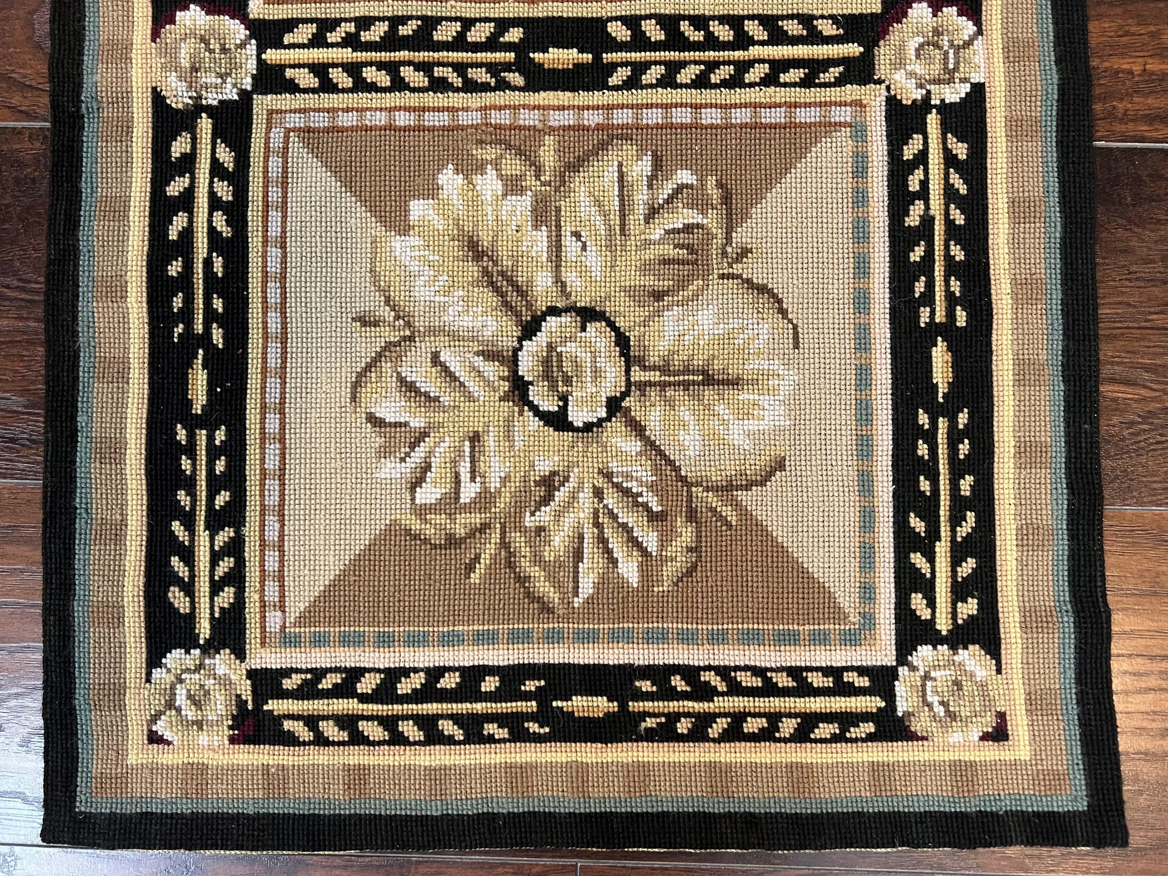 Small Needlepoint Rug 2x3 ft, Flatweave Vintage Handmade Hand-woven Needlepoint Carpet 2 x 3, Wool, Fine, Floral Panel, Beige Tan Black - Jewel Rugs