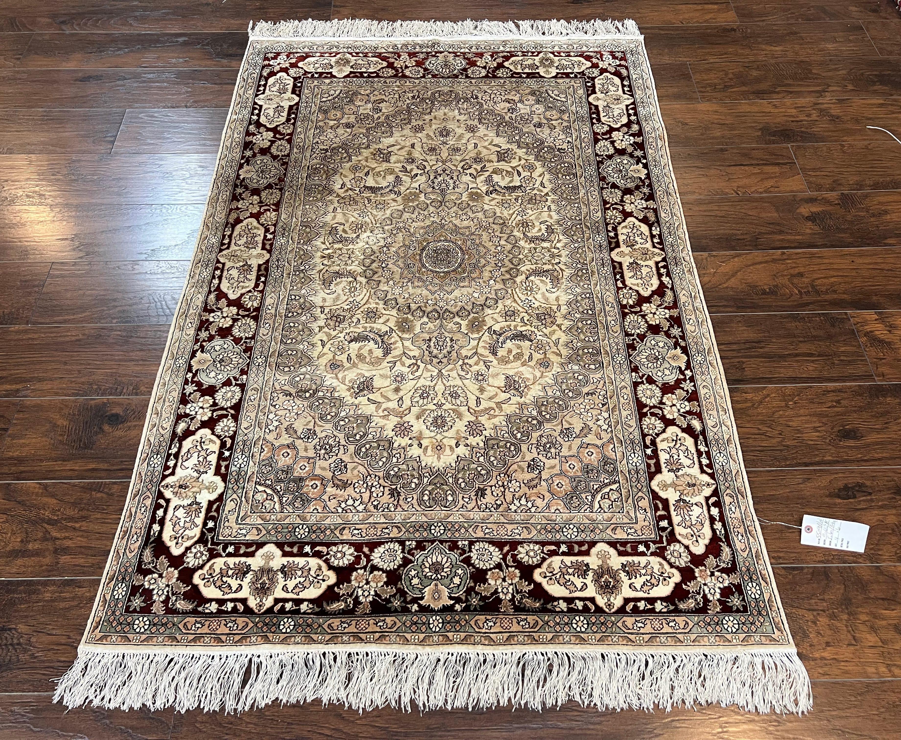 Silk Indian Kashmiri Rug 4x6 ft, Floral Medallion Hand Knotted Handmade Oriental Carpet, Vintage, Cream Burgundy, Very Fine Silk Rug 4 x 6 - Jewel Rugs