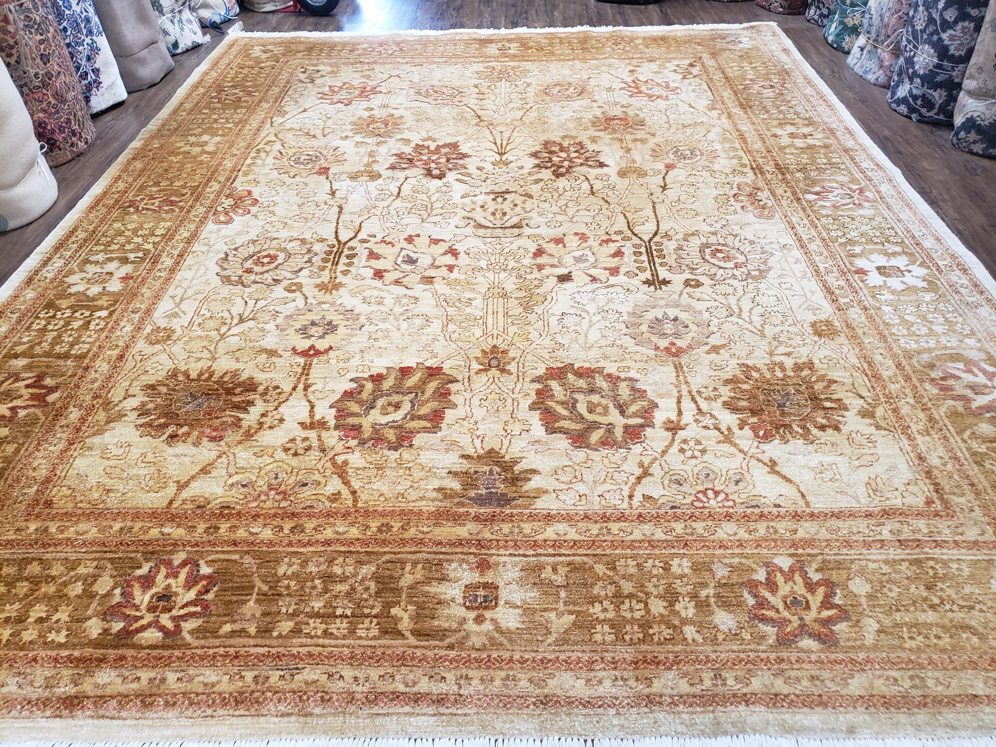 Vintage Turkish Oushak Area Rug 9x12, Wool Hand-Knotted, Ivory Cream & Beige Tea Wash Rug, 9 x 12 Room Sized Rug, Decorative Living Room Rug - Jewel Rugs