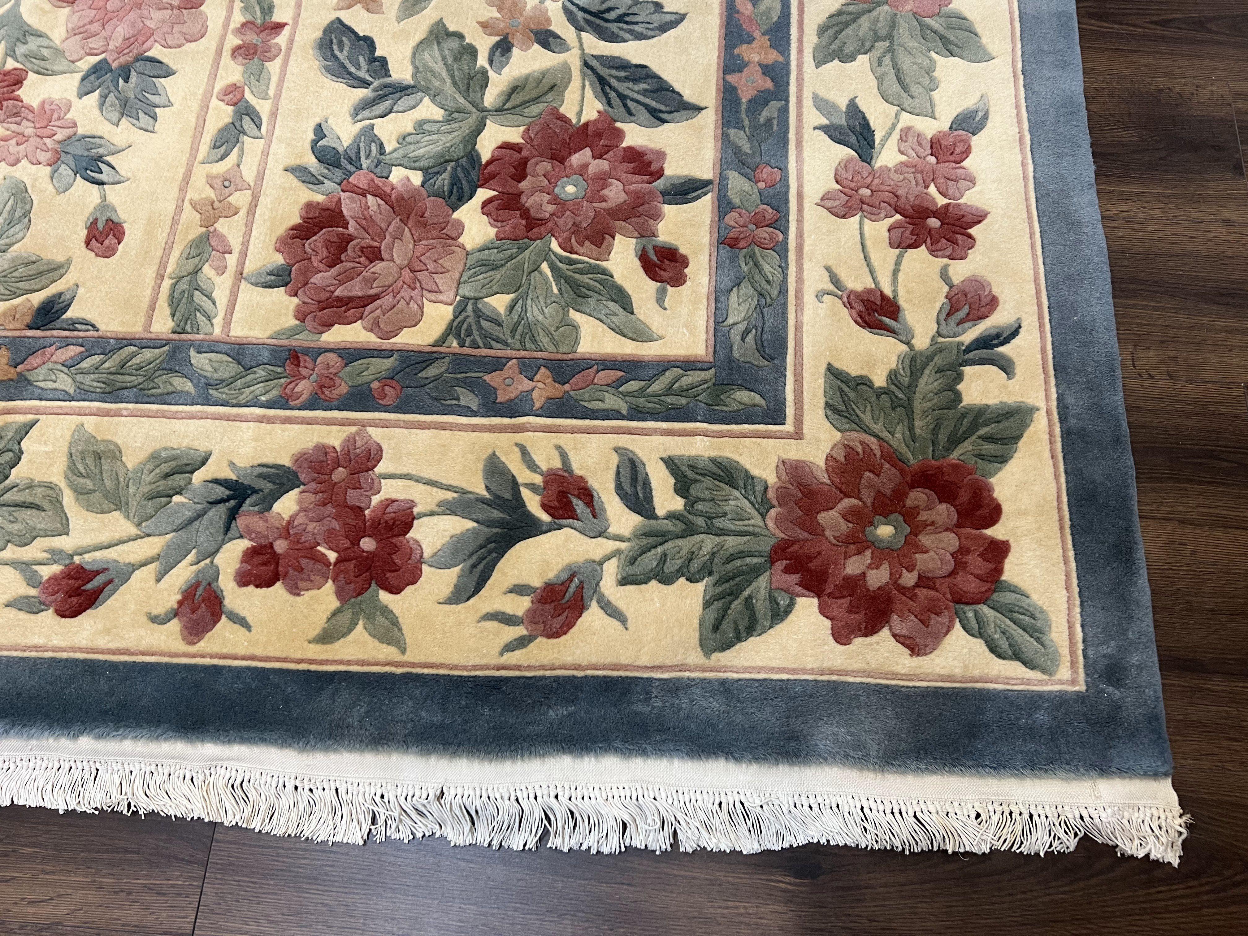 Chinese Wool Rug 8x11, Vintage 1960s Carpet, Cream and Teal, Floral Garden Panel, 8 x 11 ft Area Rug, Soft Handmade Room Sized 120 Line Rug - Jewel Rugs