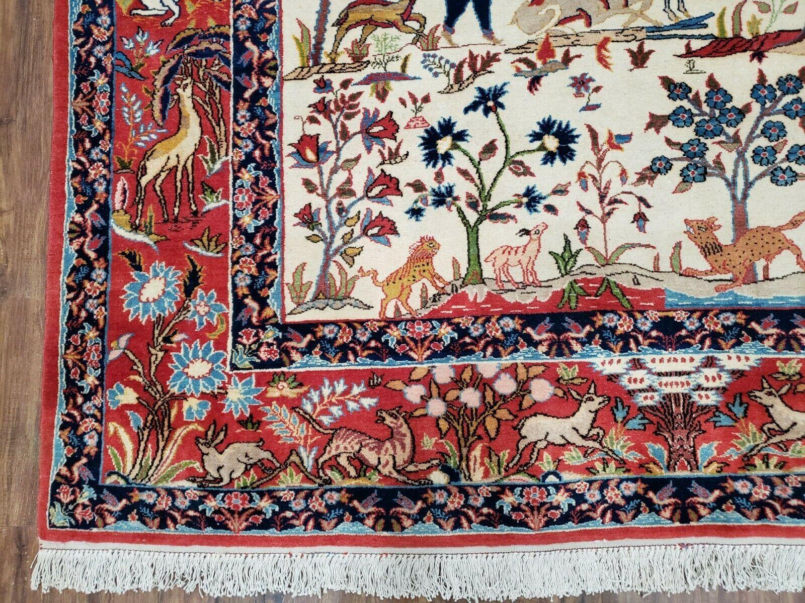 Antique Persian Isfahan Rug 5x7, Animal and Human Pictorials, Hand Knotted Fine Oriental Wool Carpet, Cream and Red, High KPSI, Vintage Rug 5 x 7 ft - Jewel Rugs